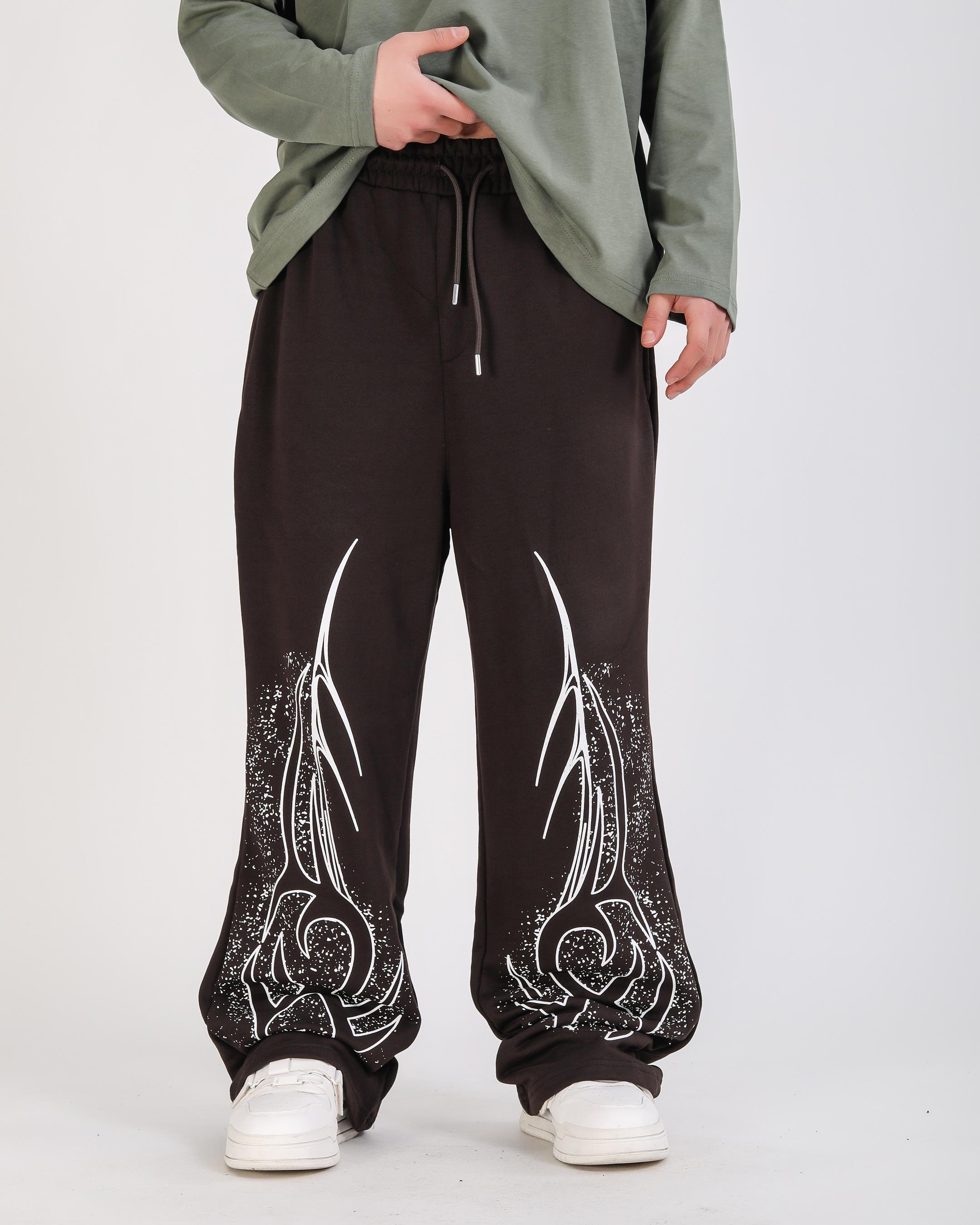 Baskılı Kahve Baggy Fit Eşofman Altı