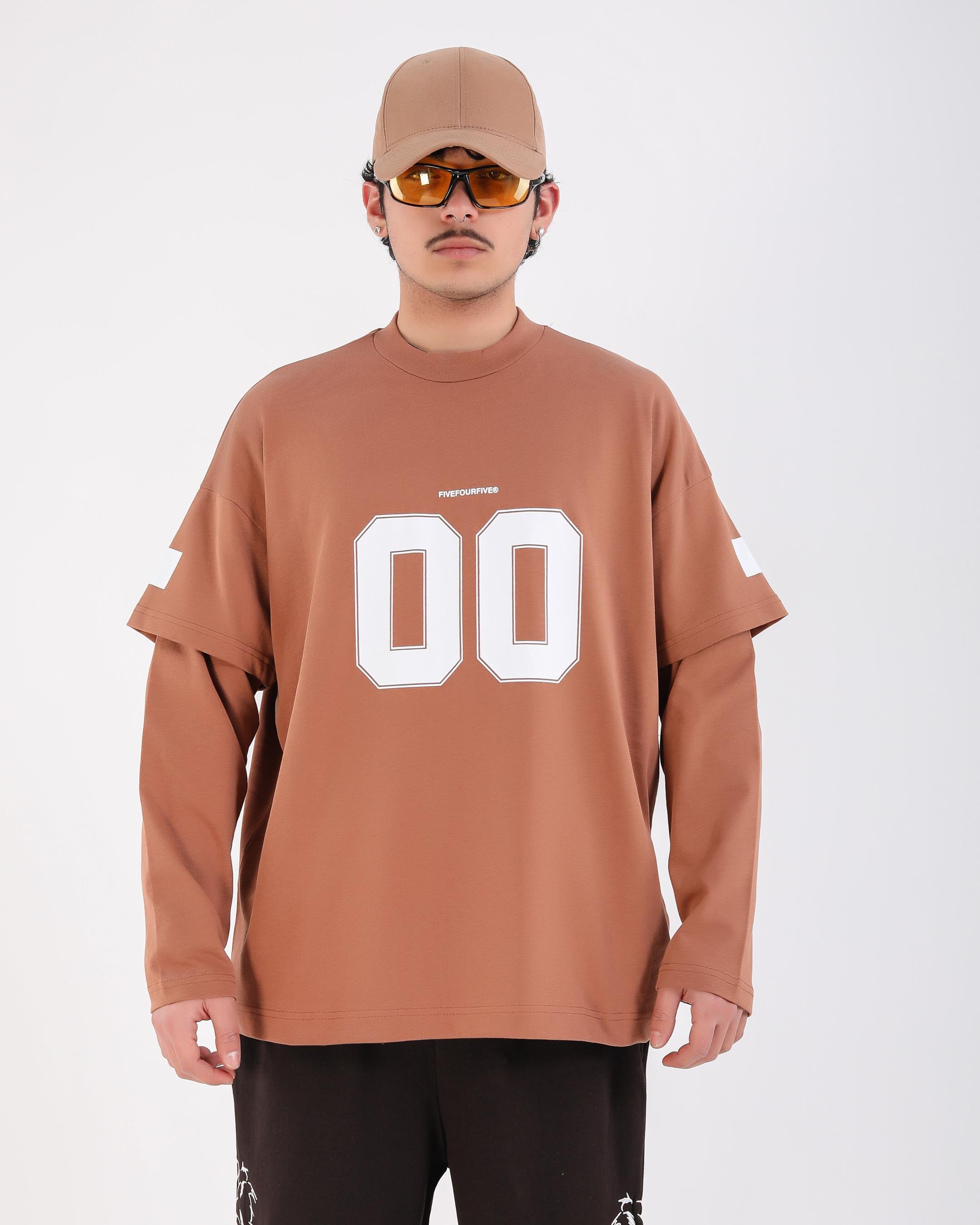 Baskılı Kahve Oversize Zero Uzun Kollu Tshirt