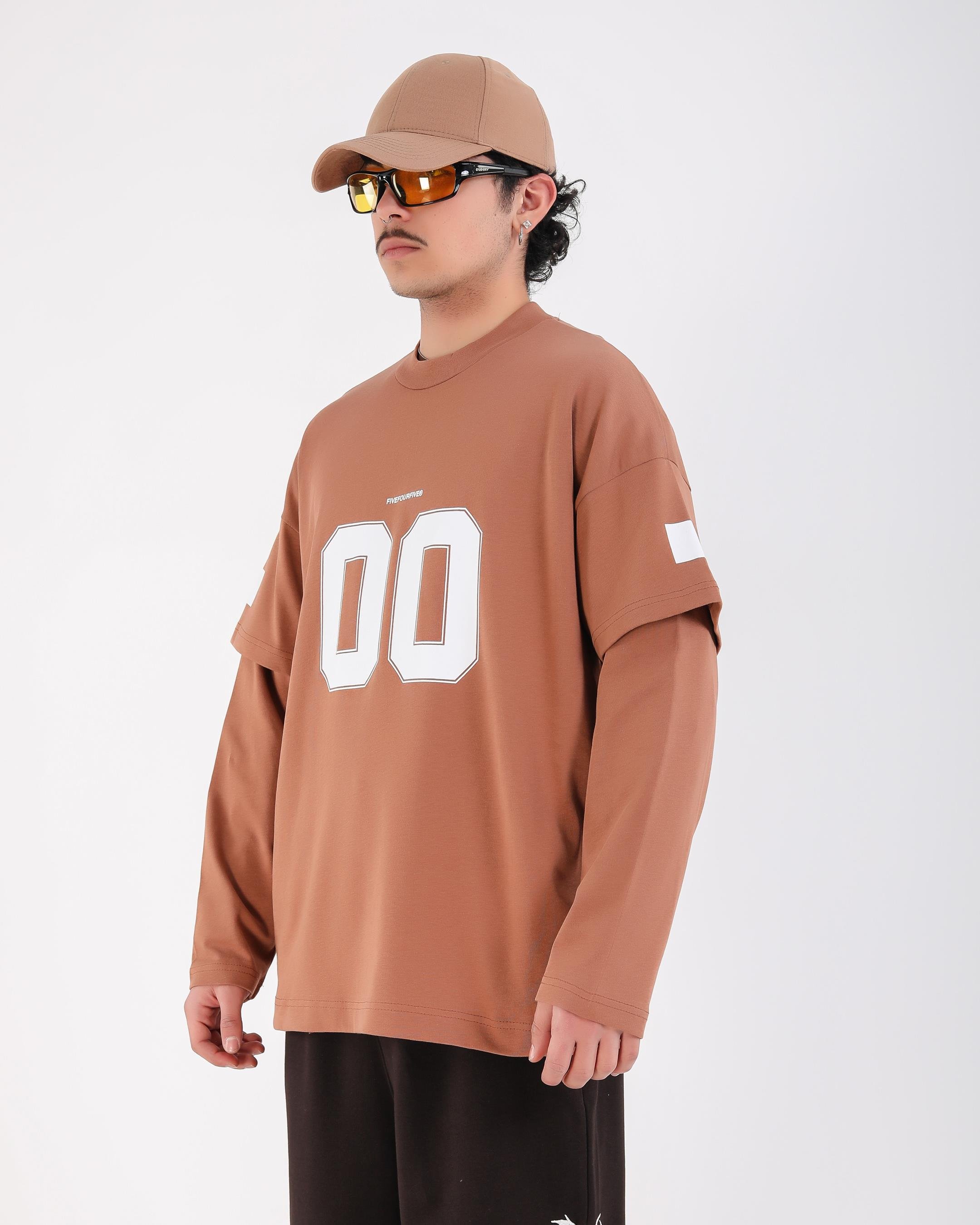Baskılı Kahve Oversize Zero Uzun Kollu Tshirt