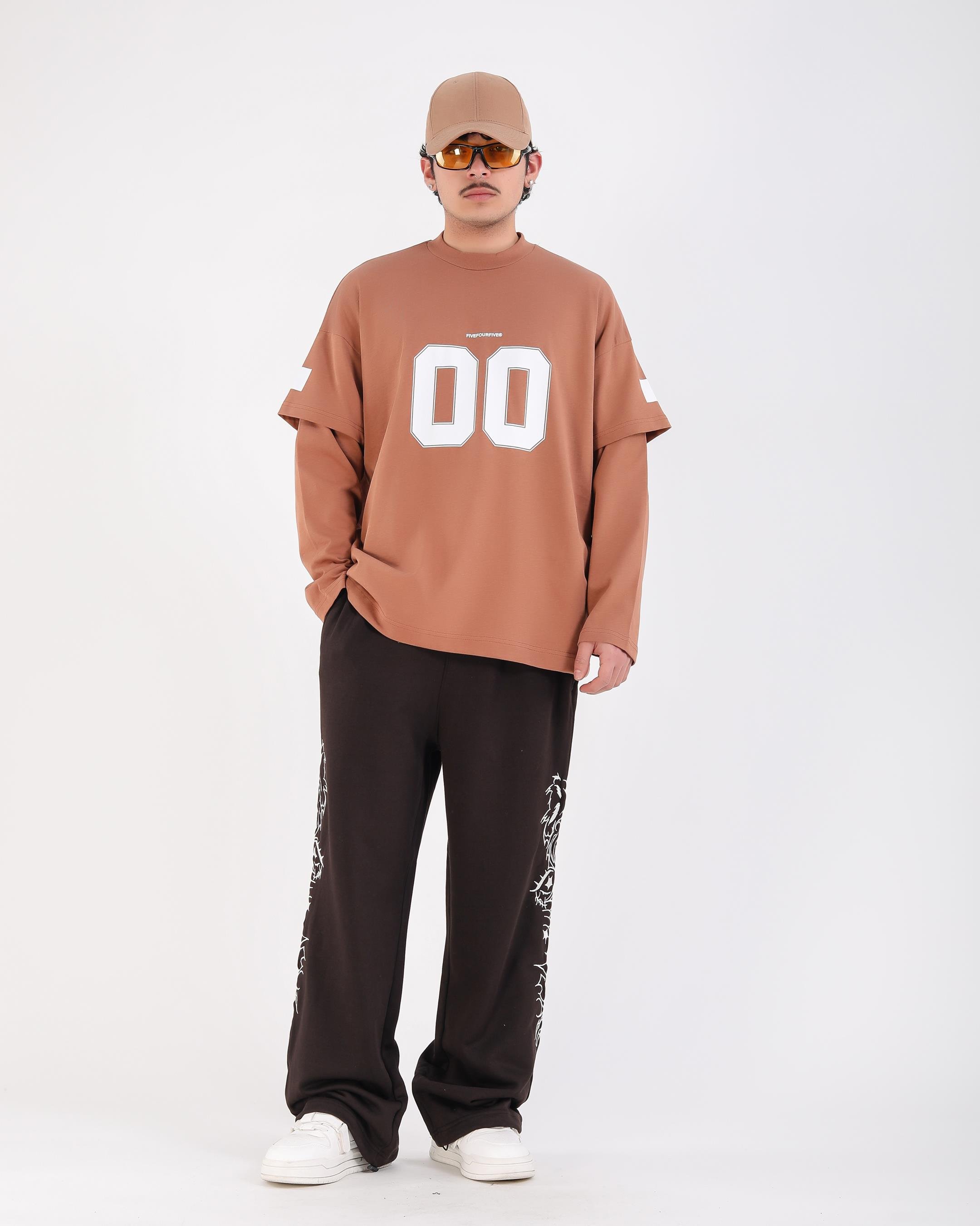 Baskılı Kahve Oversize Zero Uzun Kollu Tshirt