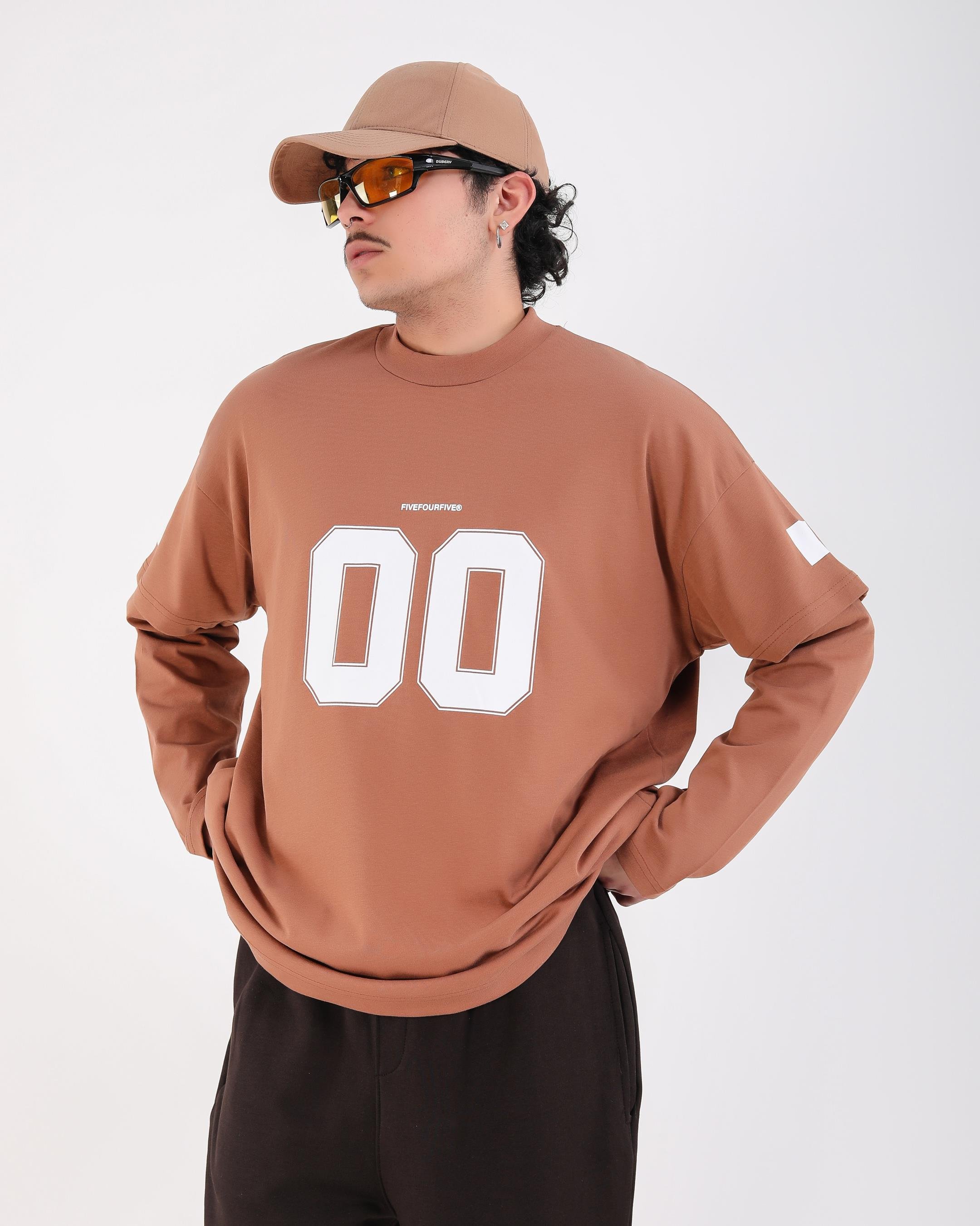 Baskılı Kahve Oversize Zero Uzun Kollu Tshirt