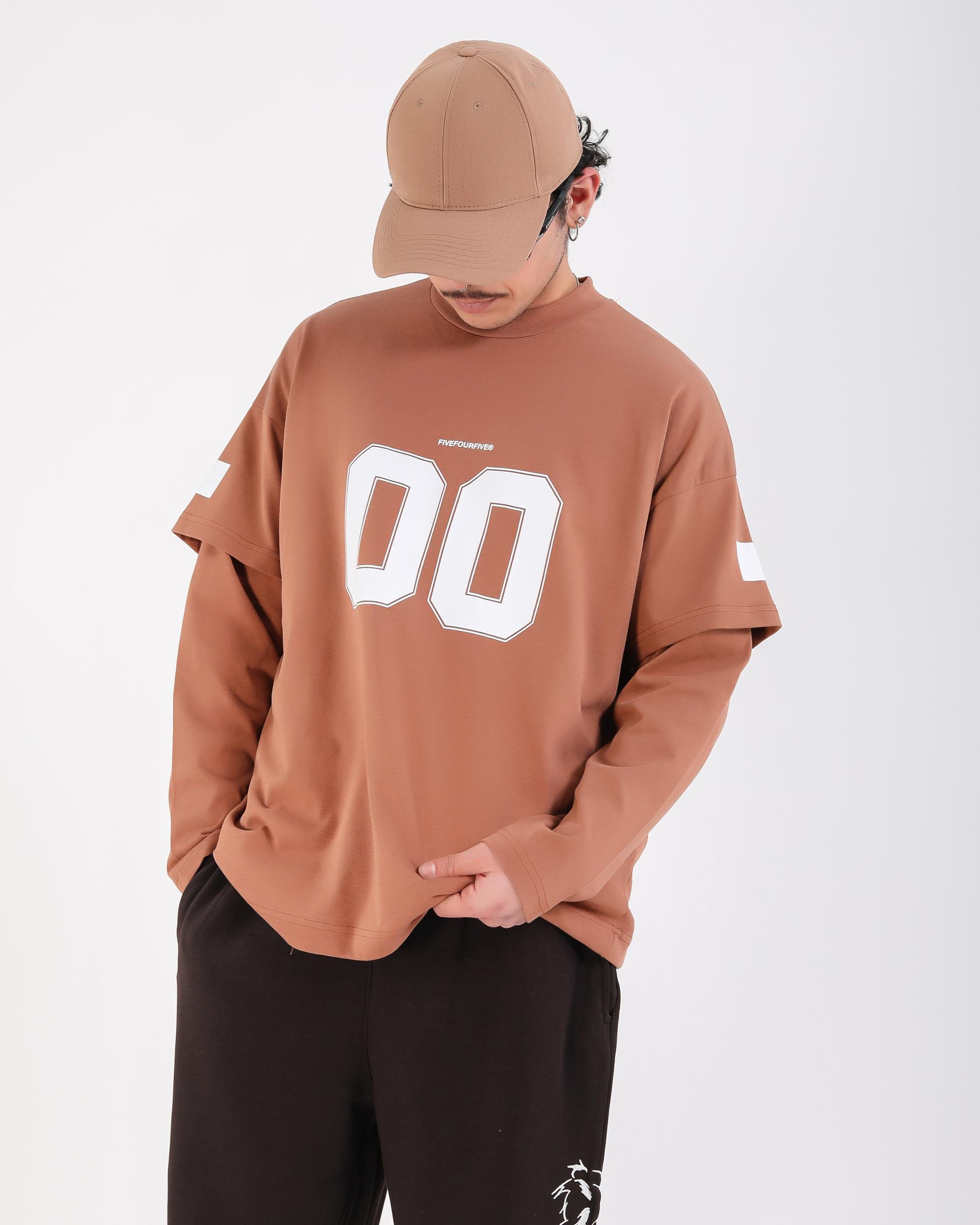 Baskılı Kahve Oversize Zero Uzun Kollu Tshirt