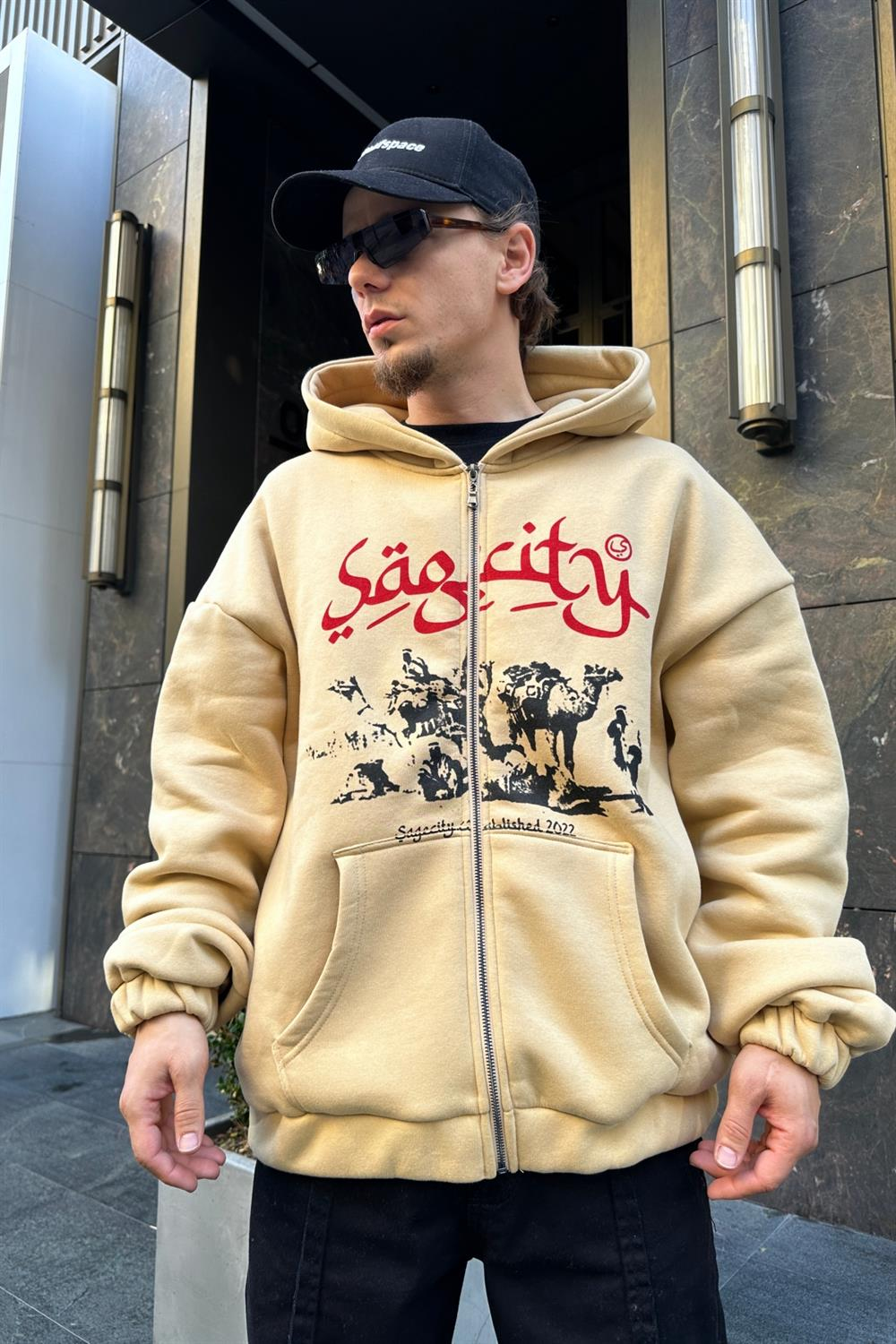 Baskılı Kahve Oversize Zipper Sweatshirt SW926