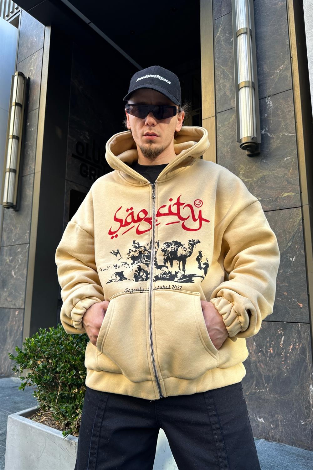 Baskılı Kahve Oversize Zipper Sweatshirt SW926
