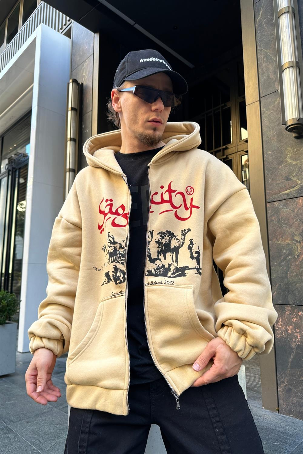 Baskılı Kahve Oversize Zipper Sweatshirt SW926