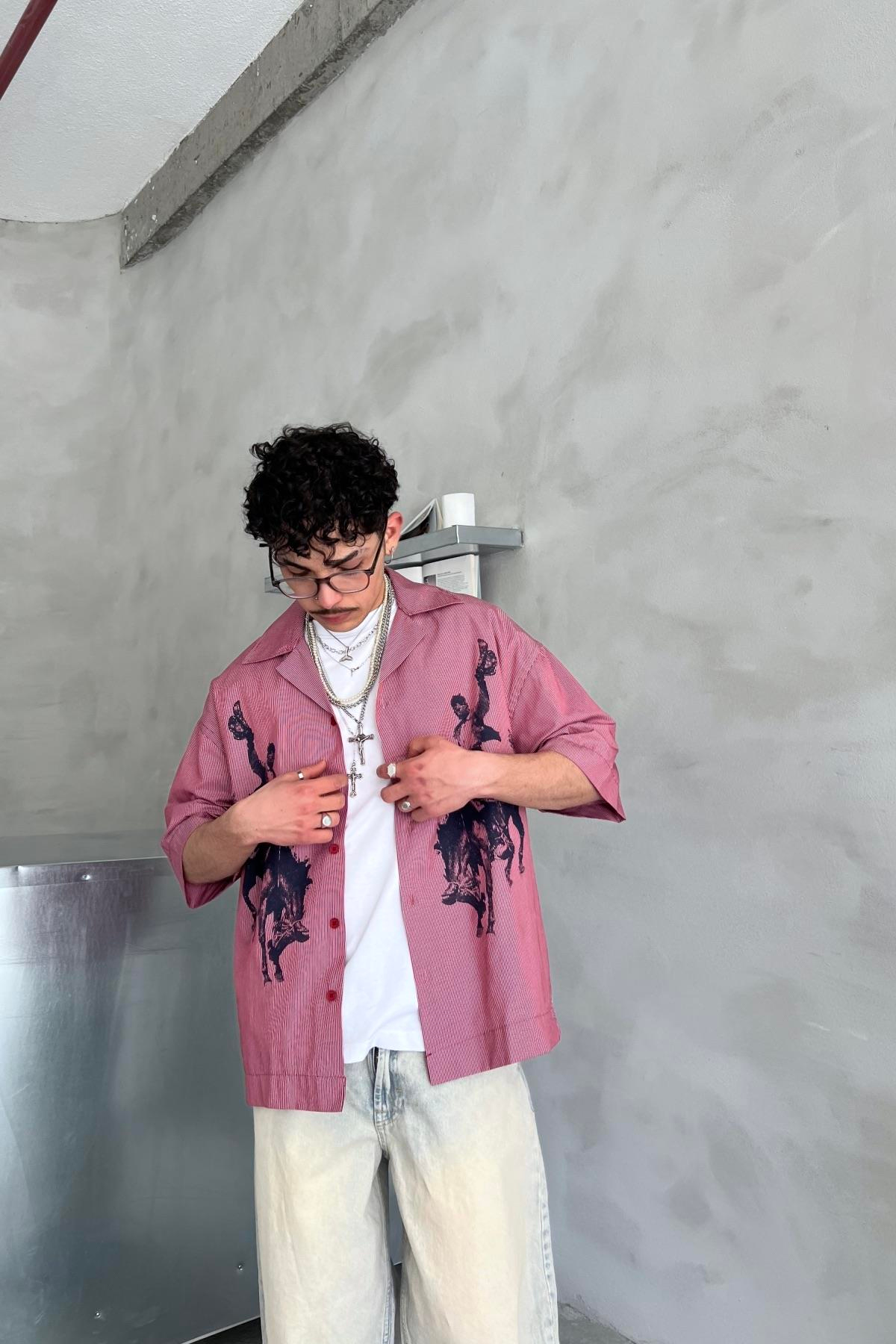 Baskılı Kısa Kollu Çizgili Oversize Gömlek