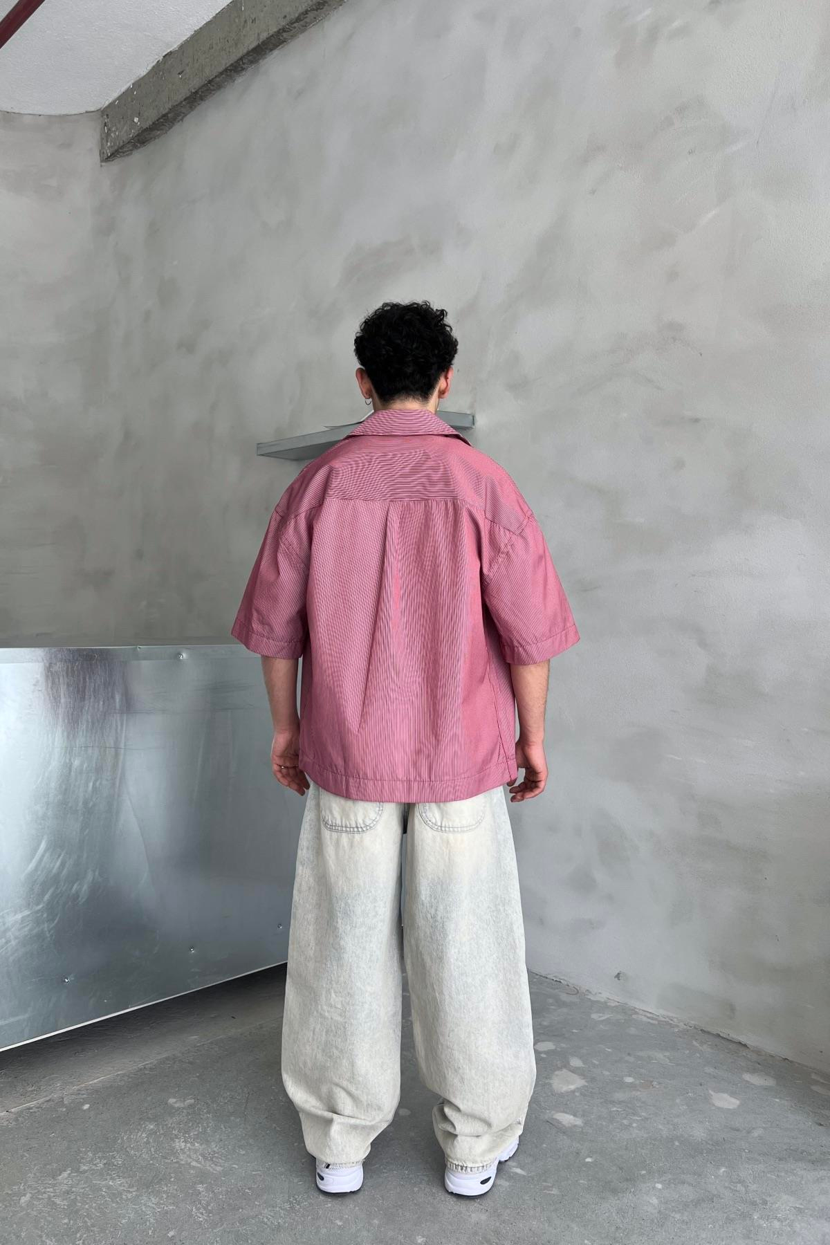 Baskılı Kısa Kollu Çizgili Oversize Gömlek