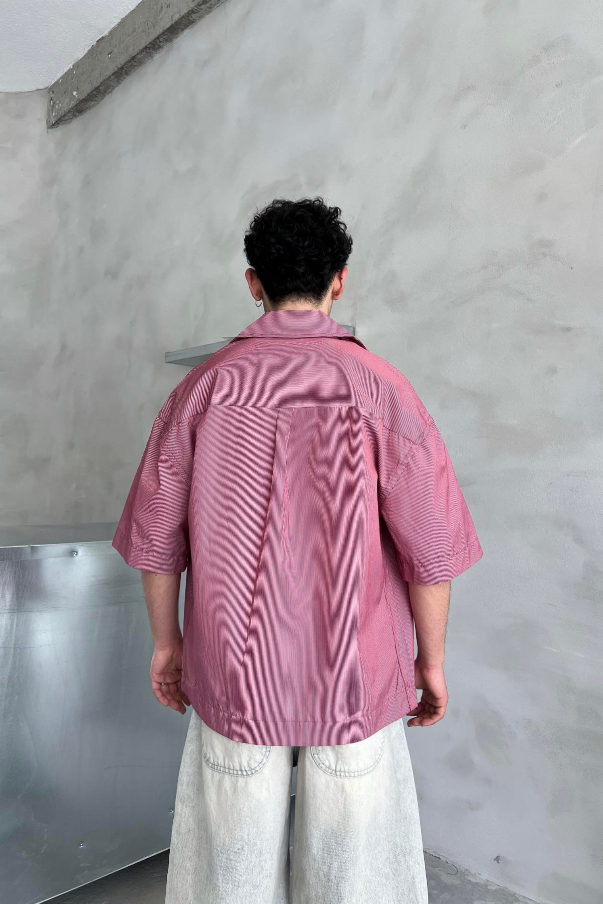 Baskılı Kısa Kollu Çizgili Oversize Gömlek