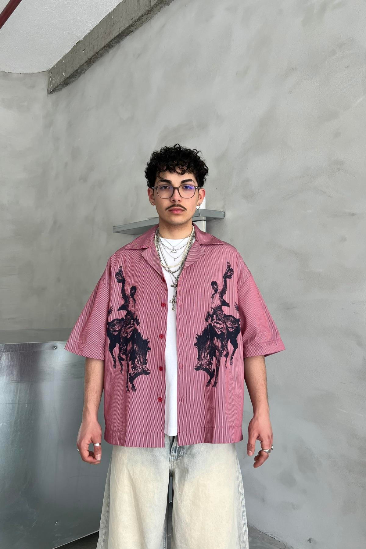 Baskılı Kısa Kollu Çizgili Oversize Gömlek