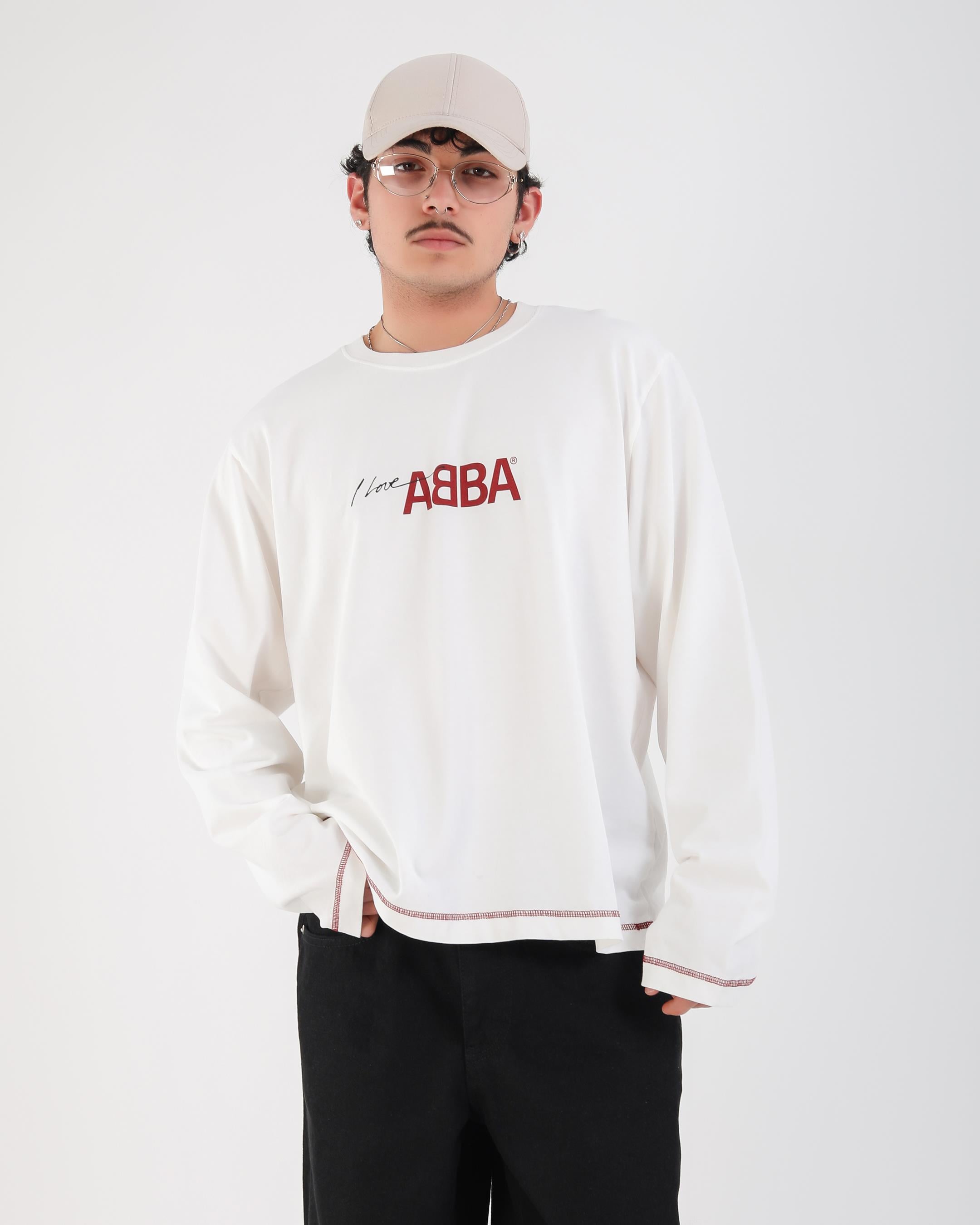 Baskılı Krem Abba Oversize Uzun Kollu Tshirt