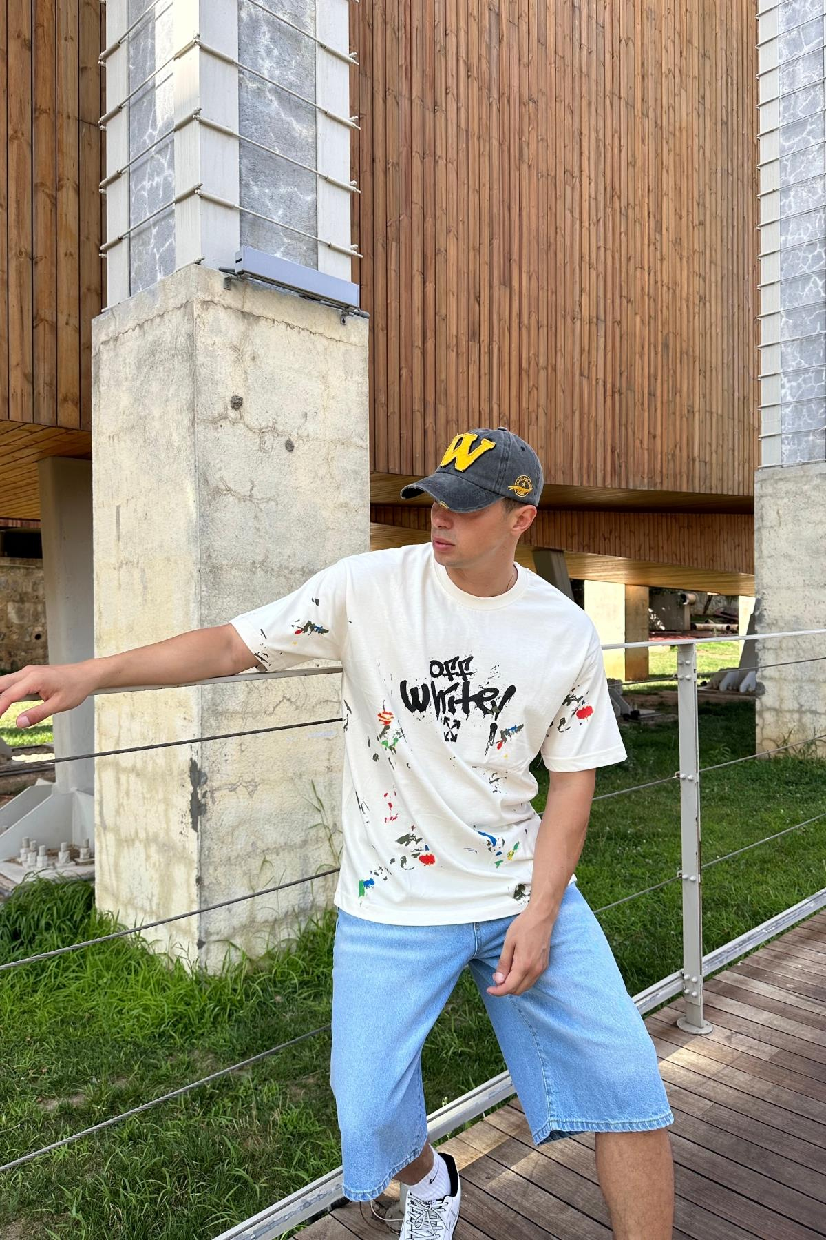 Baskılı Krem Oversize Ow Tshirt T1158