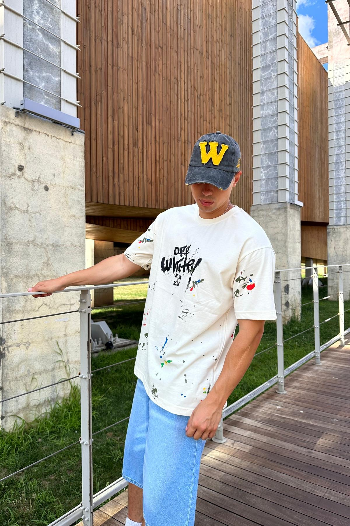 Baskılı Krem Oversize Ow Tshirt T1158