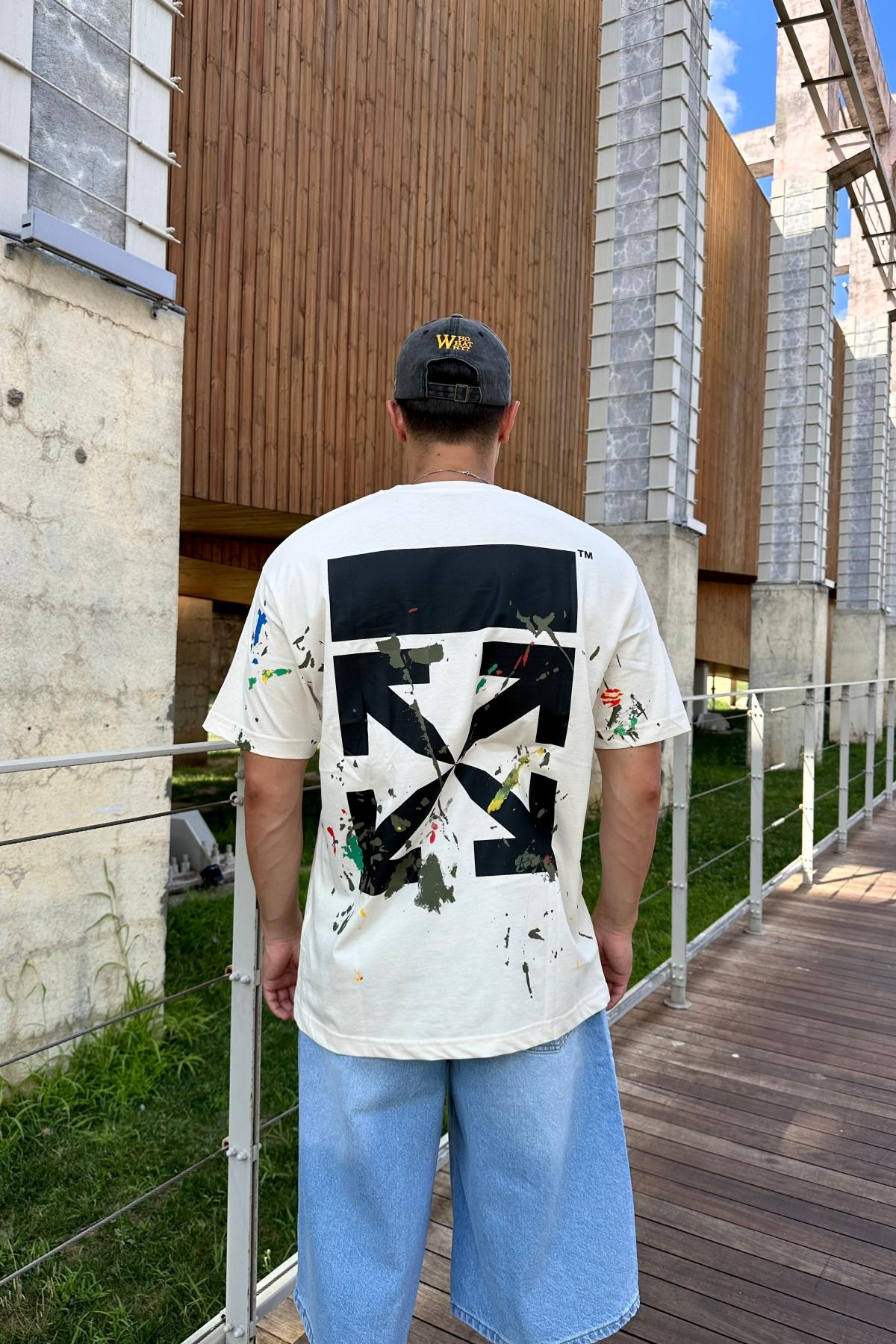 Baskılı Krem Oversize Ow Tshirt T1158