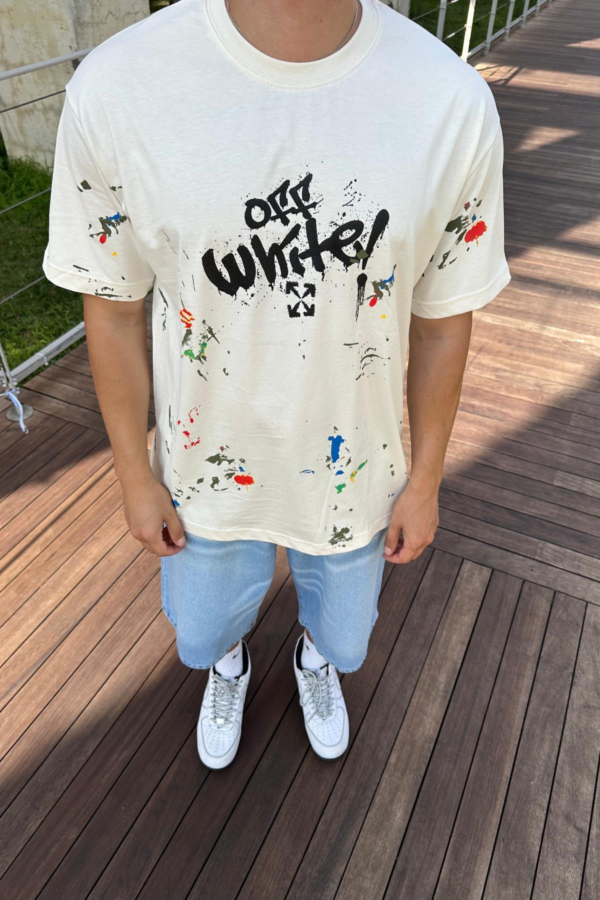 Baskılı Krem Oversize Ow Tshirt T1158