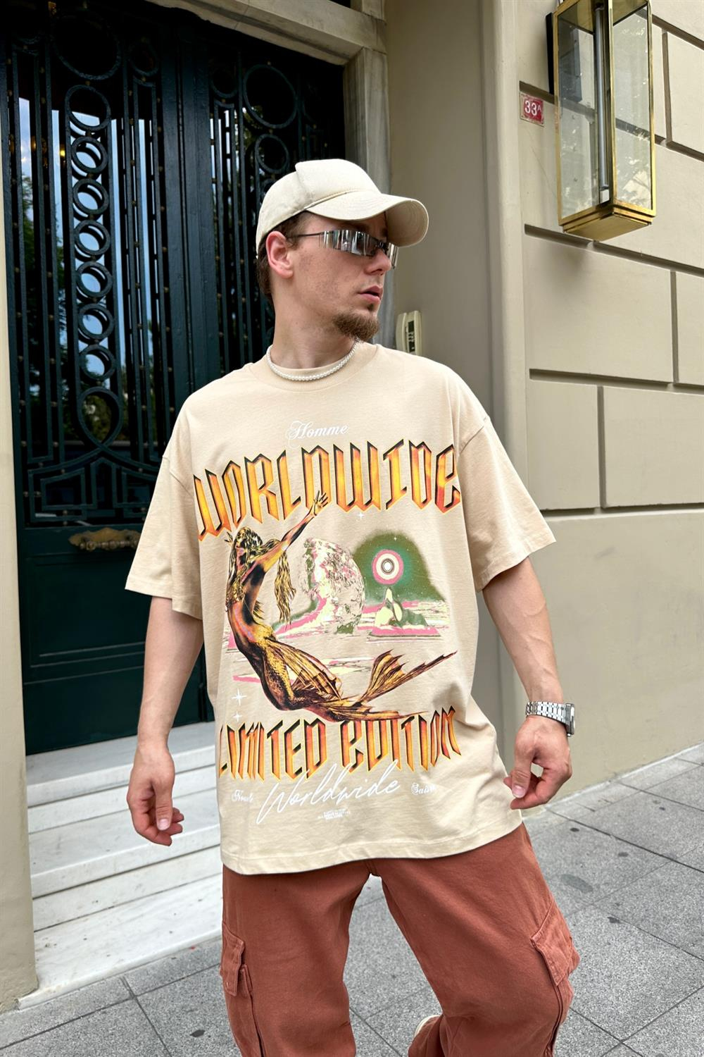 Baskılı Krem Oversize Tshirt T770