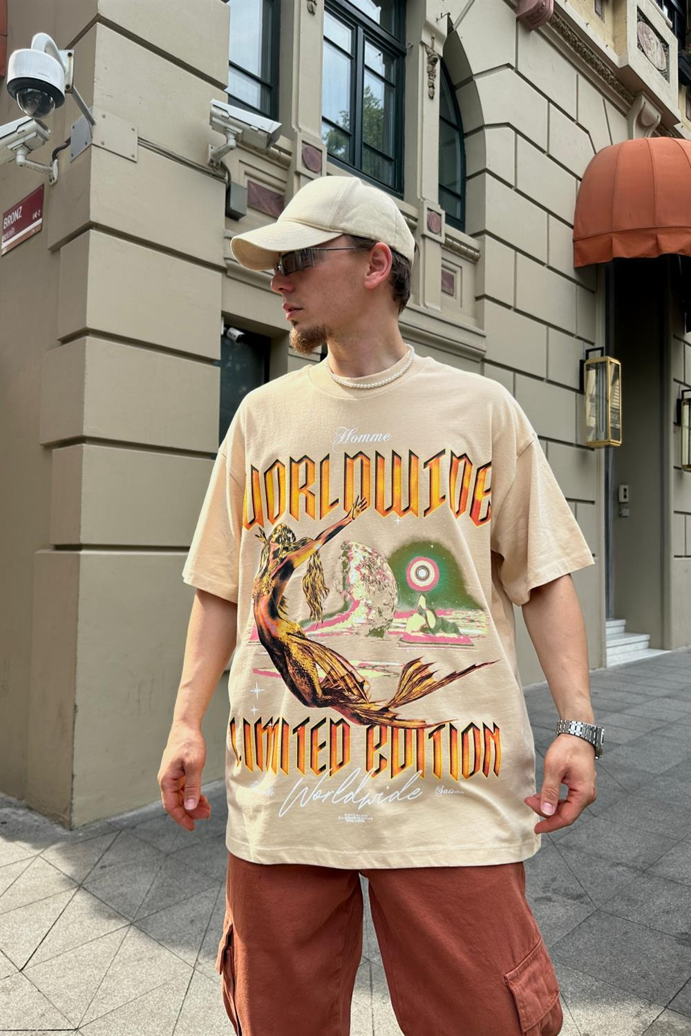 Baskılı Krem Oversize Tshirt T770