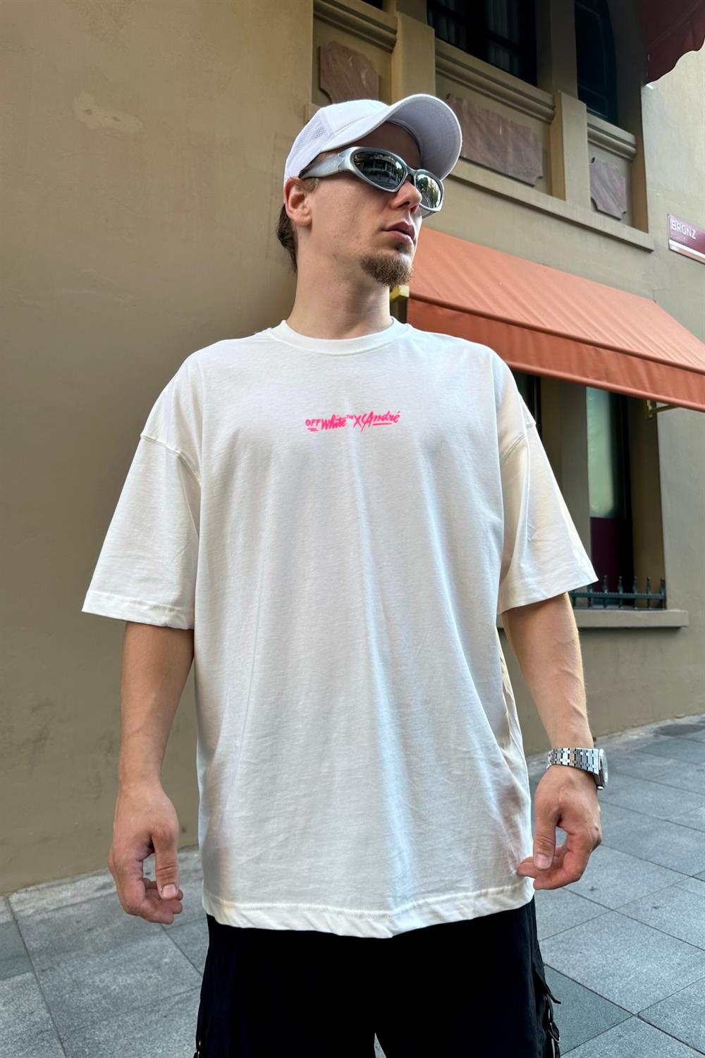 Baskılı Krem Oversize Tshirt T863