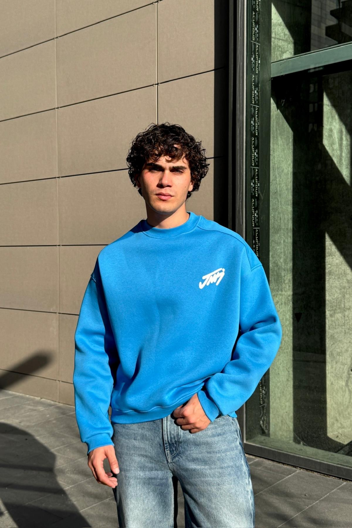 Baskılı Mavi Bisiklet Yaka Oversize Sweatshirt JC01