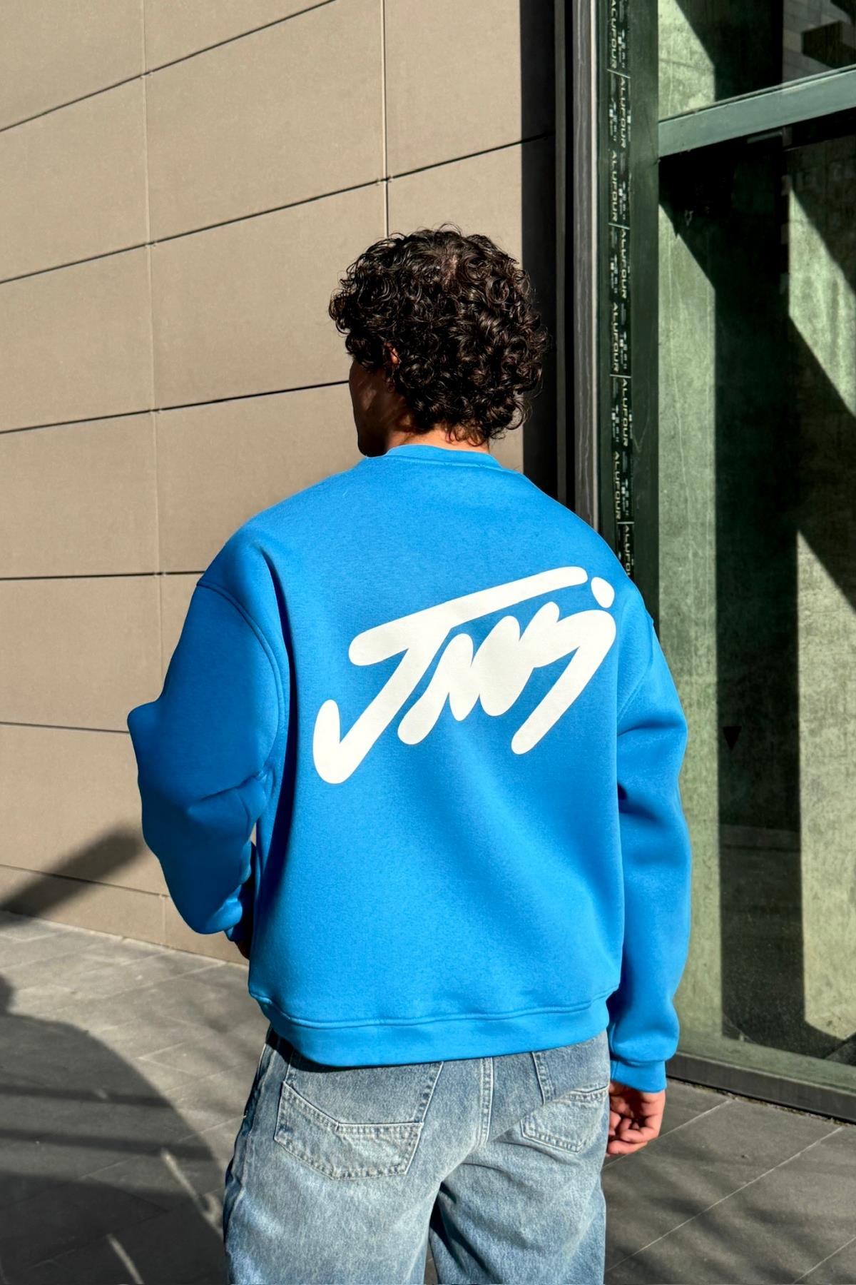 Baskılı Mavi Bisiklet Yaka Oversize Sweatshirt JC01