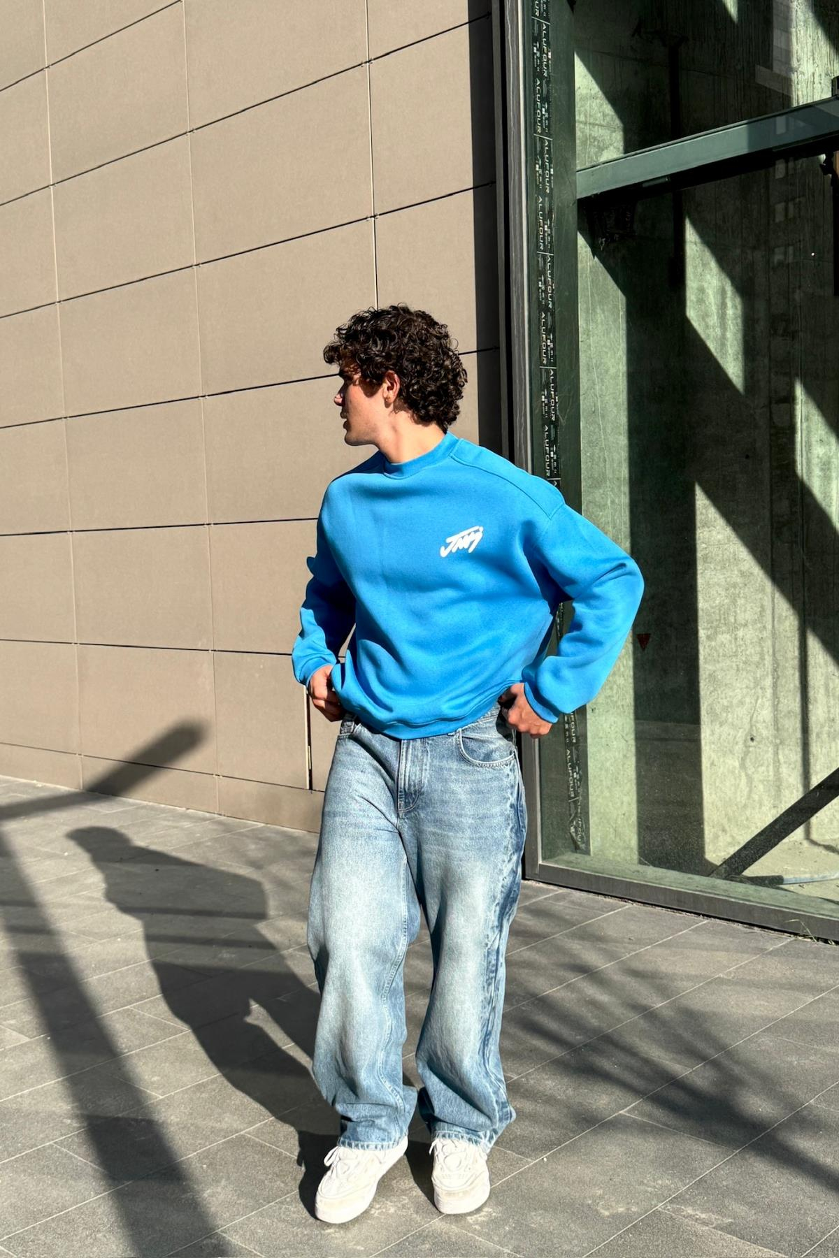 Baskılı Mavi Bisiklet Yaka Oversize Sweatshirt JC01