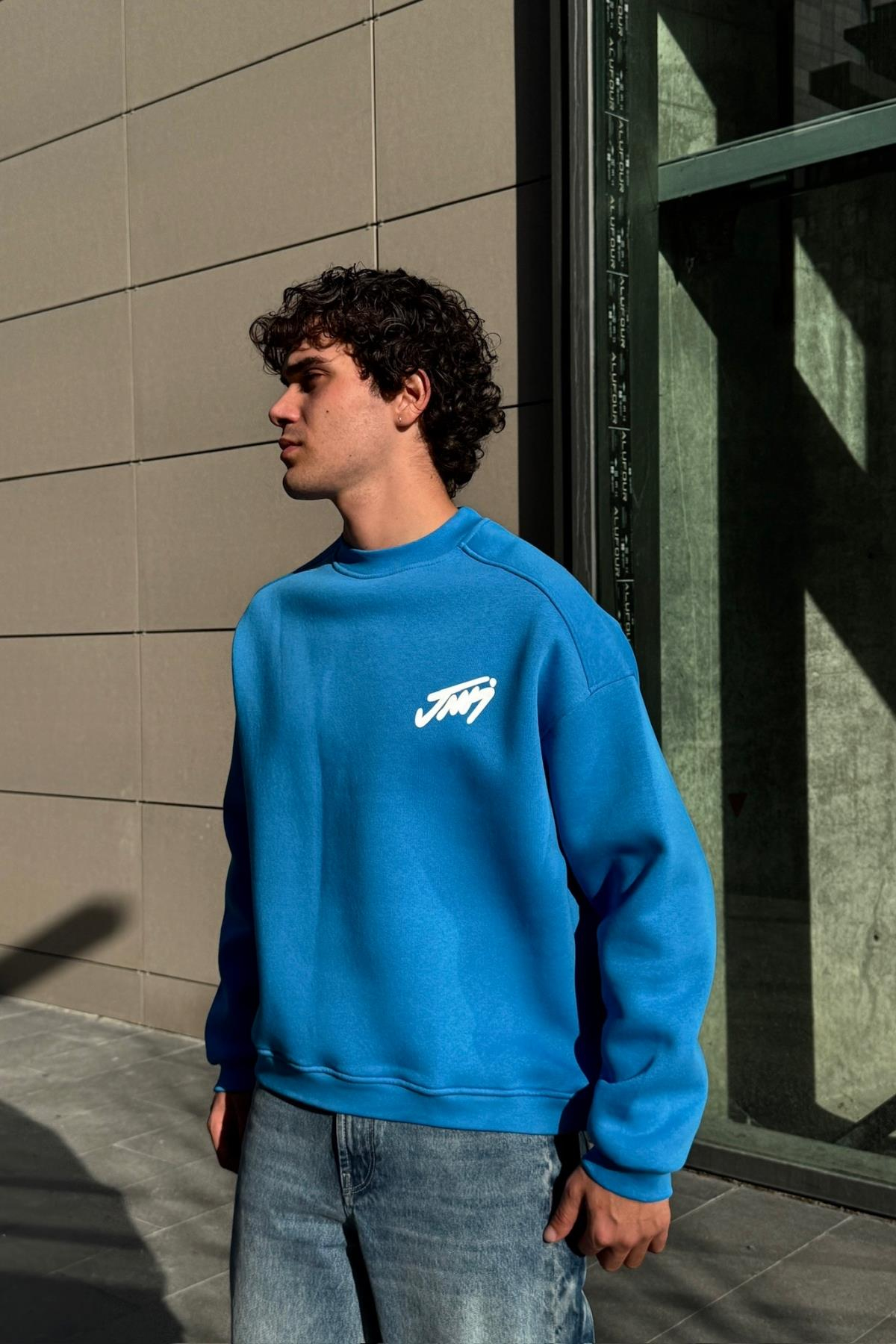 Baskılı Mavi Bisiklet Yaka Oversize Sweatshirt JC01