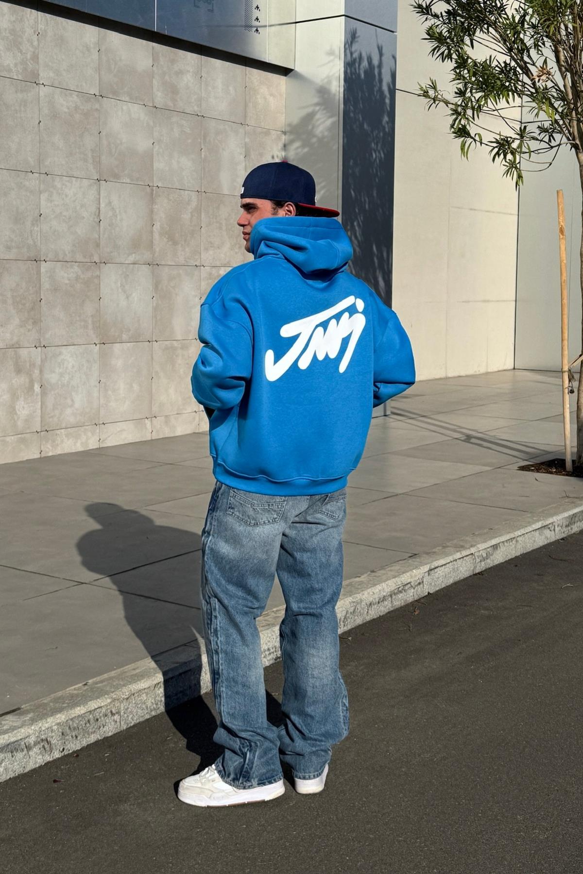 Baskılı Mavi Oversize Hoodie JC01