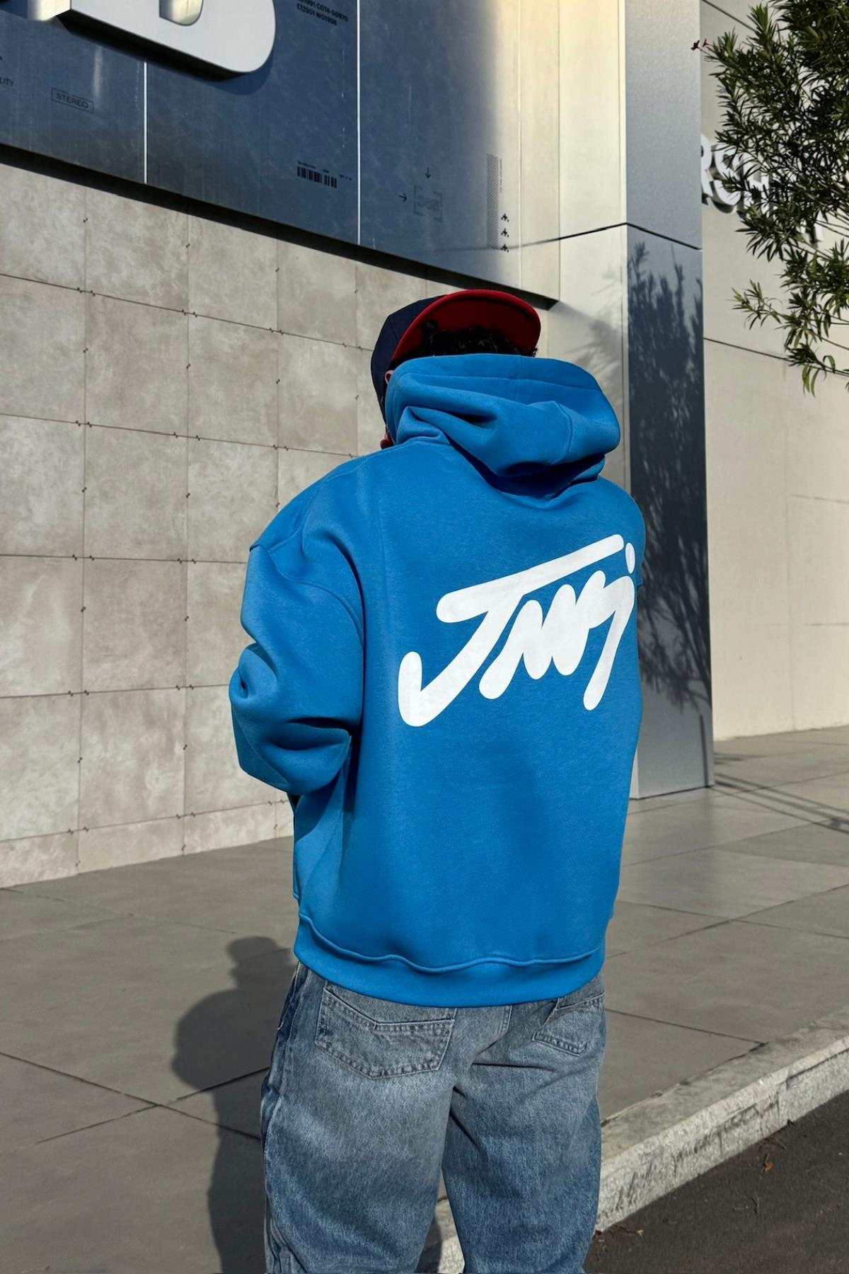 Baskılı Mavi Oversize Hoodie JC01