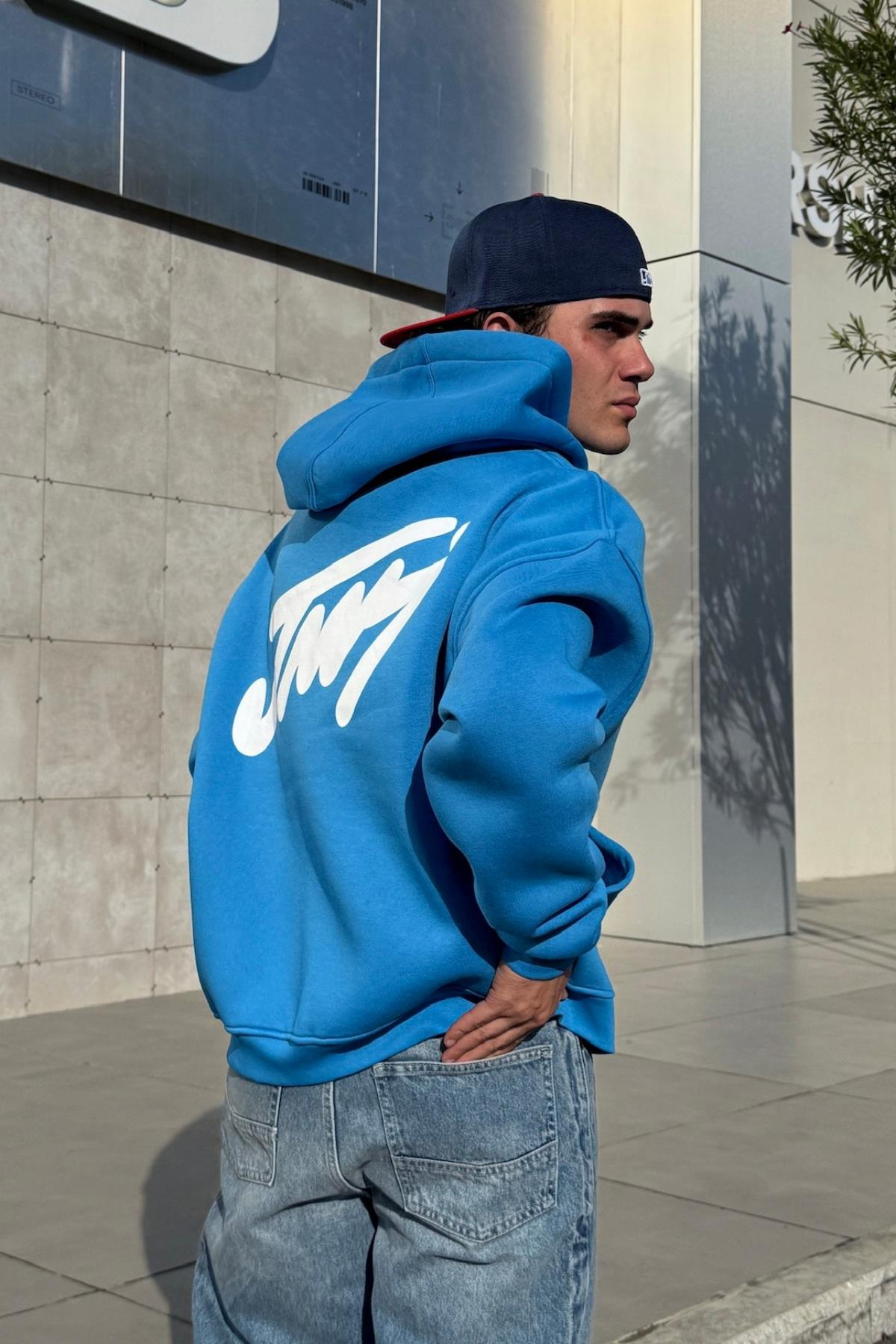 Baskılı Mavi Oversize Hoodie JC01