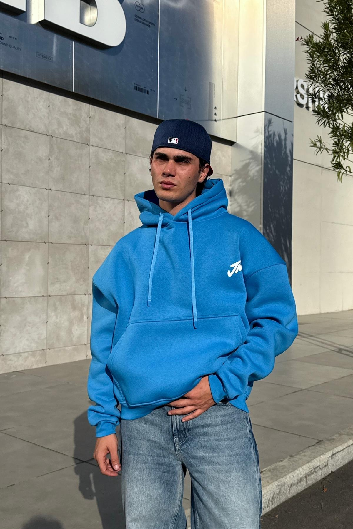 Baskılı Mavi Oversize Hoodie JC01