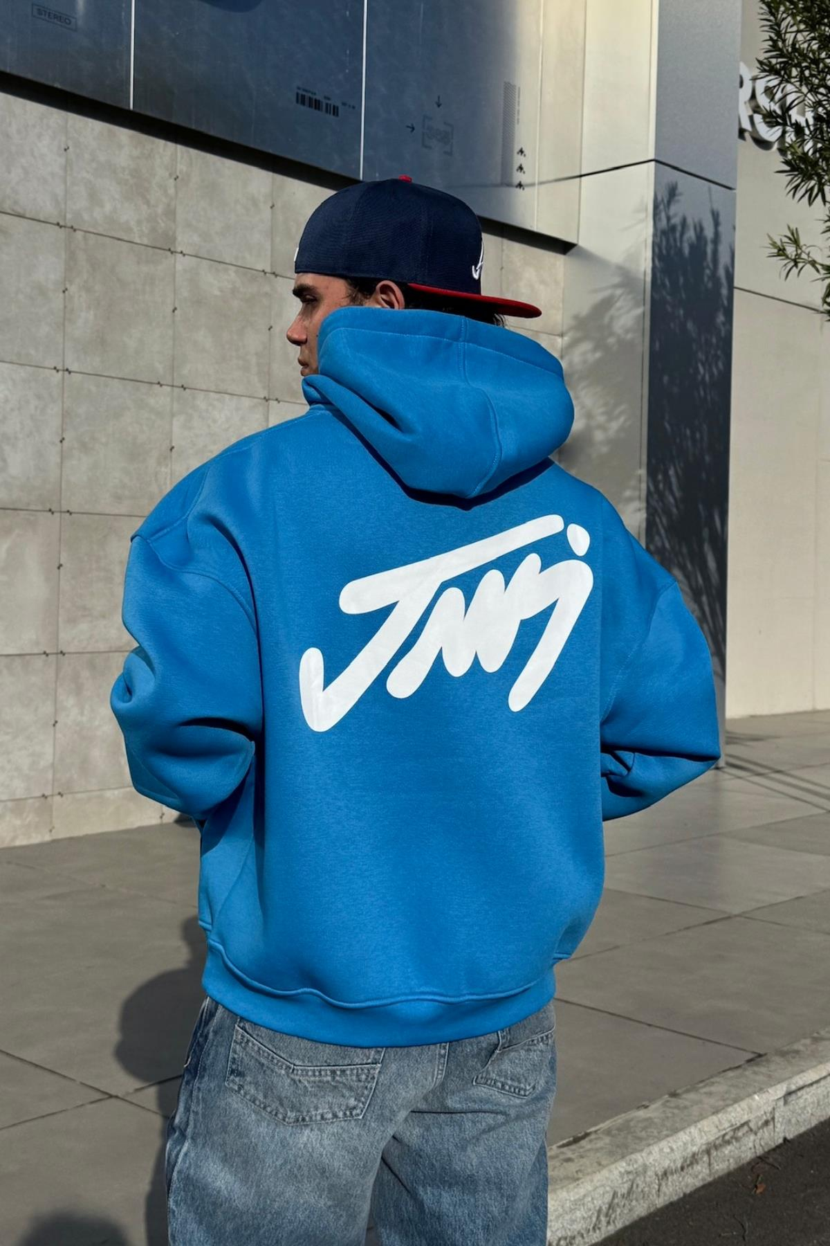 Baskılı Mavi Oversize Hoodie JC01