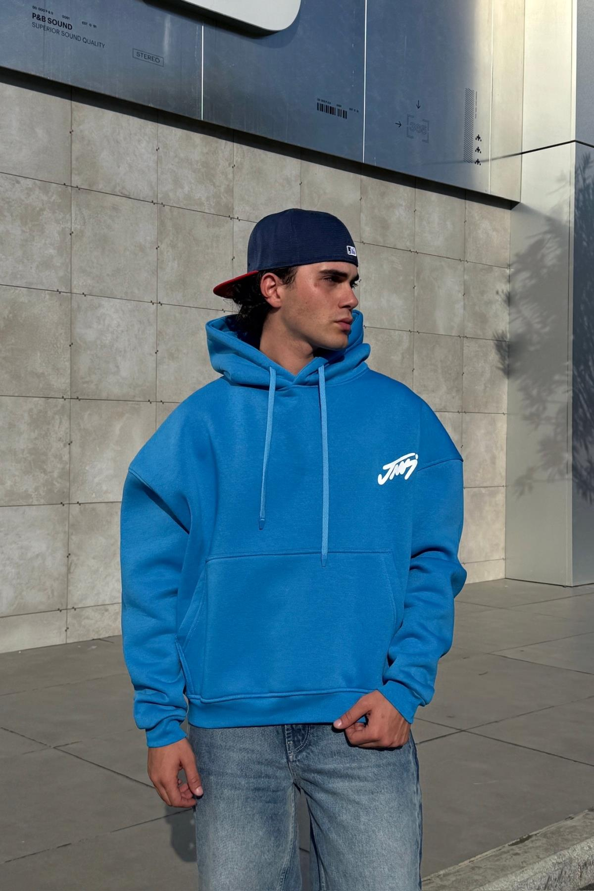 Baskılı Mavi Oversize Hoodie JC01