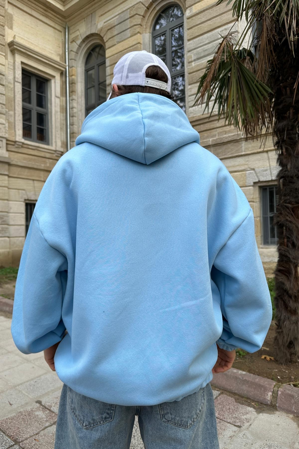 Baskılı Mavi Zipper Oversize Sweatshirt SW990