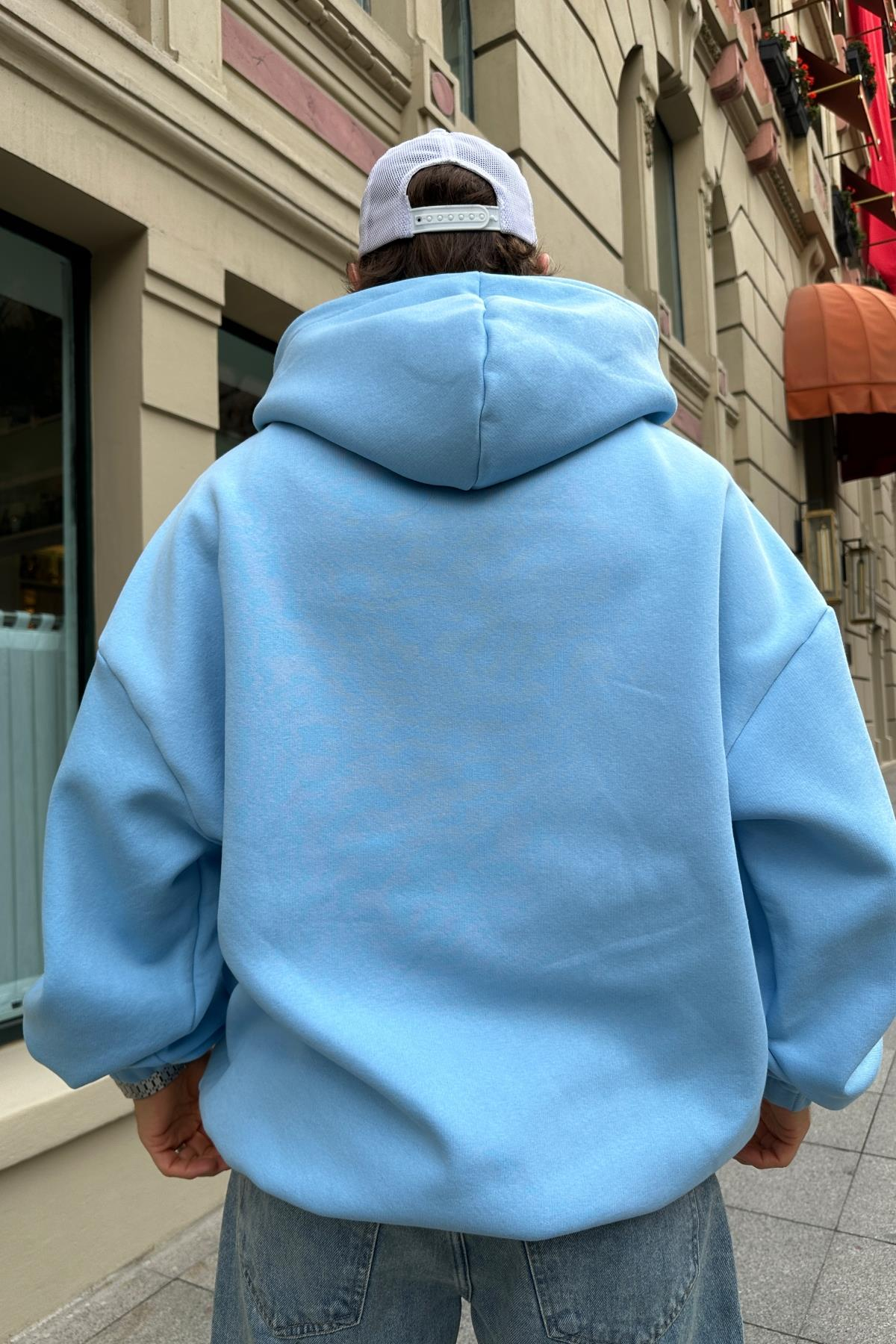 Baskılı Mavi Zipper Oversize Sweatshirt SW990