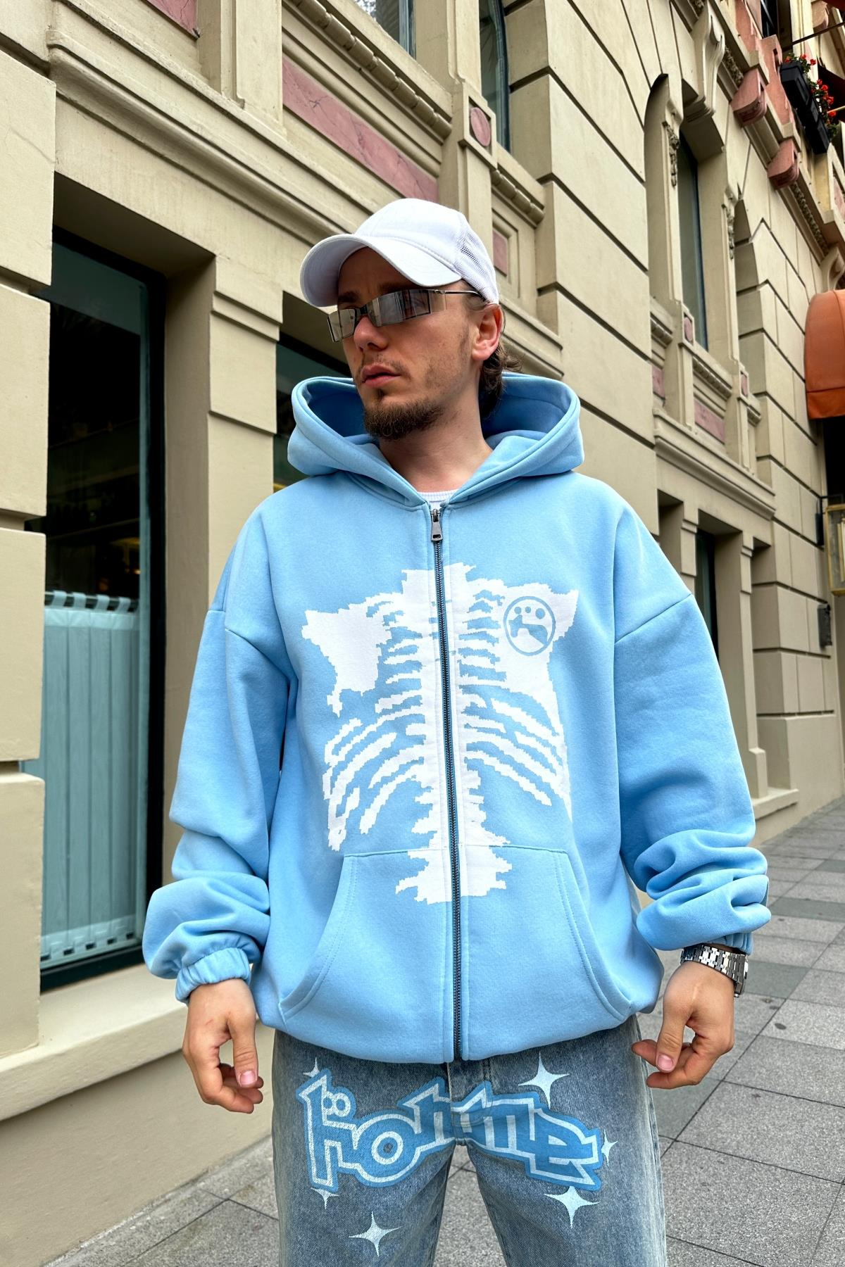 Baskılı Mavi Zipper Oversize Sweatshirt SW990