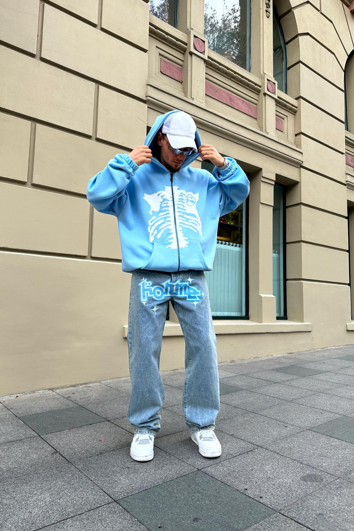 Baskılı Mavi Zipper Oversize Sweatshirt SW990
