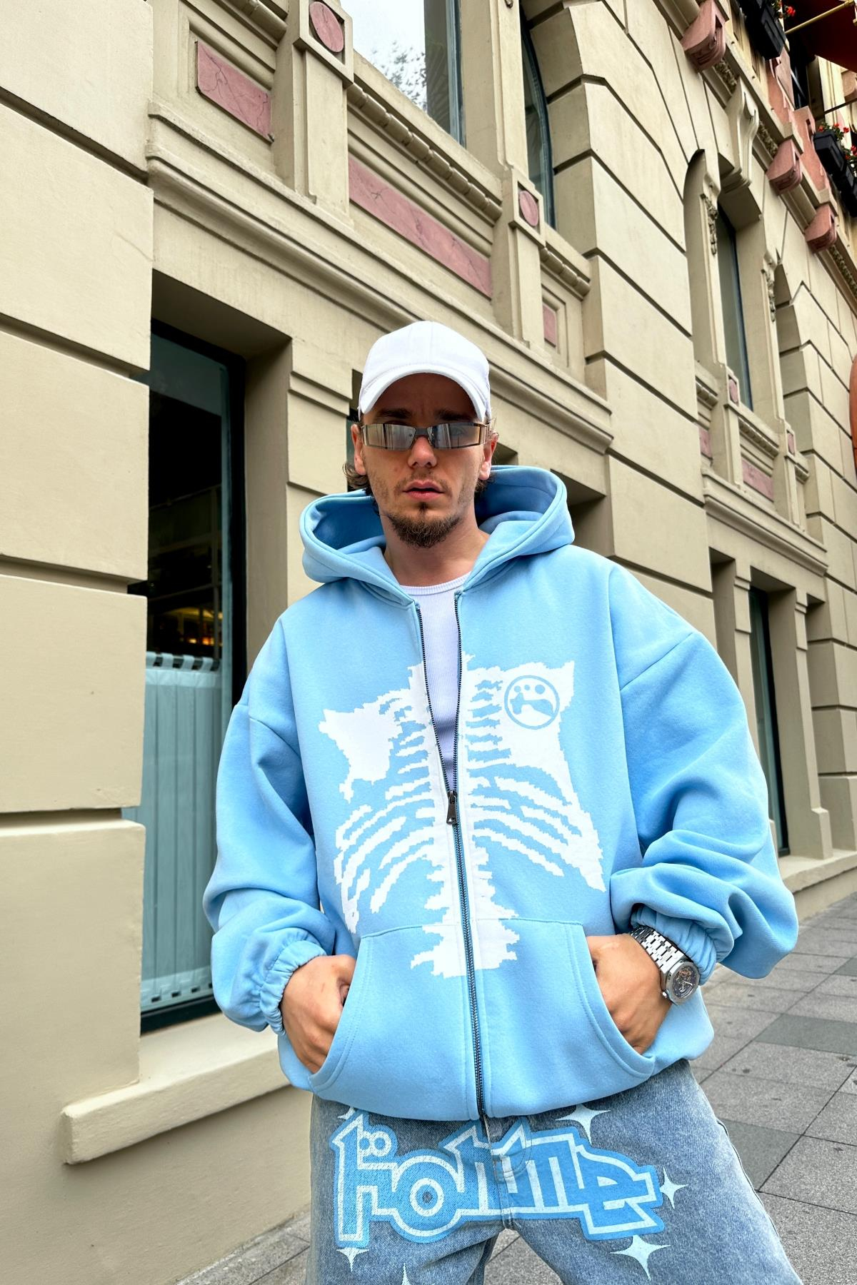Baskılı Mavi Zipper Oversize Sweatshirt SW990