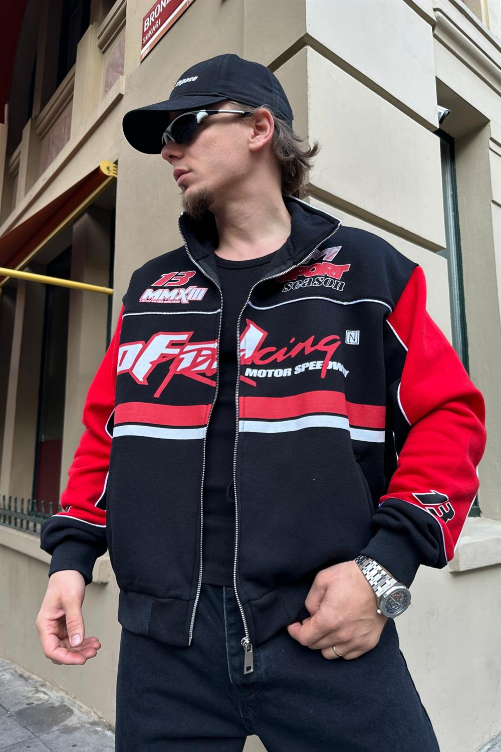 Baskılı Racing Kırmızı Oversize Kolej Ceket C214