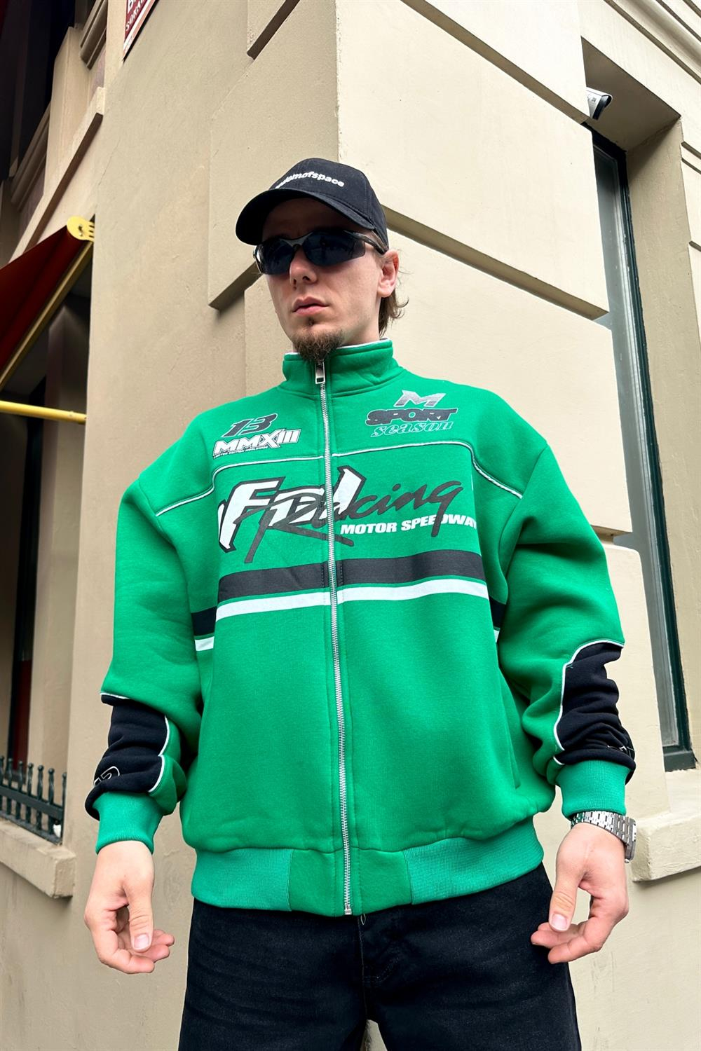 Baskılı Racing Yeşil Oversize Kolej Ceket C213