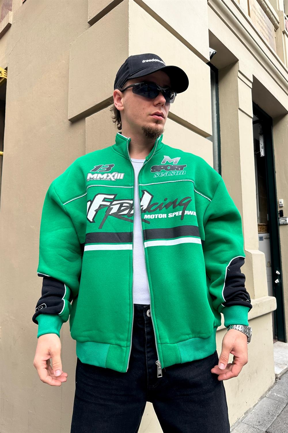 Baskılı Racing Yeşil Oversize Kolej Ceket C213