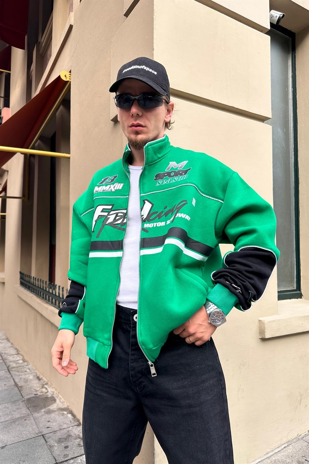 Baskılı Racing Yeşil Oversize Kolej Ceket C213