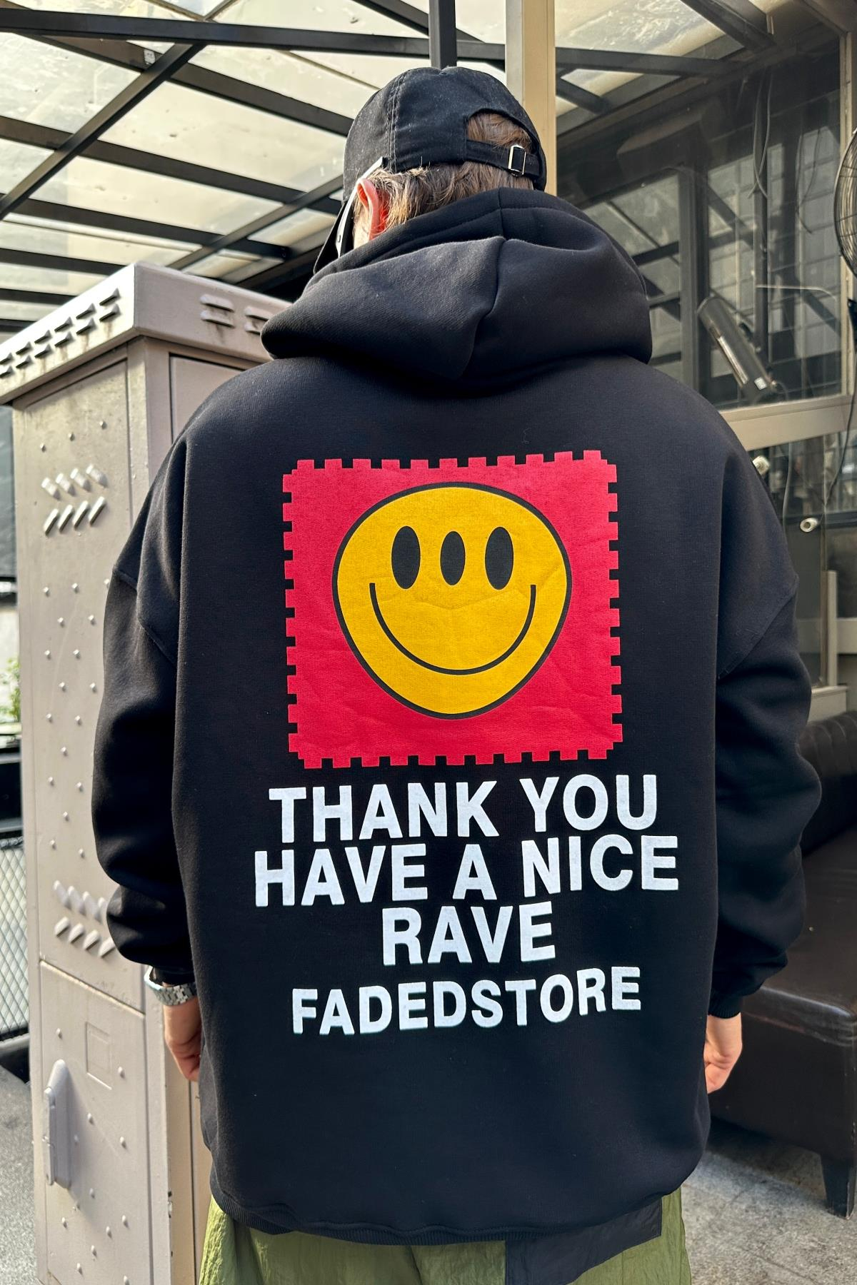 Baskılı Rave Siyah Zipper Oversize Sweatshirt SW979