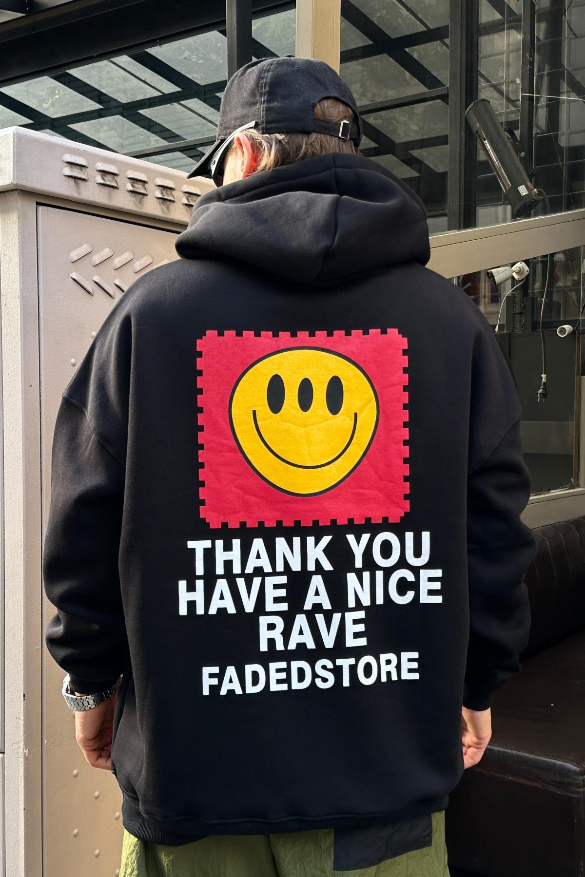 Baskılı Rave Siyah Zipper Oversize Sweatshirt SW979