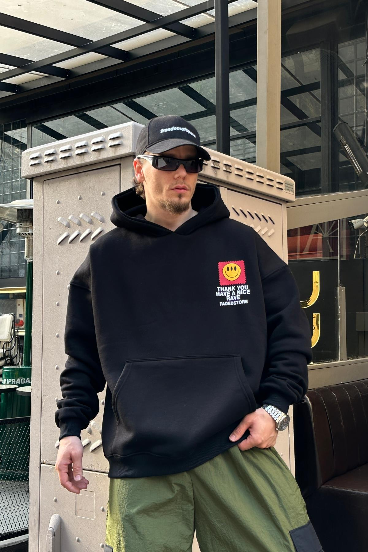Baskılı Rave Siyah Zipper Oversize Sweatshirt SW979