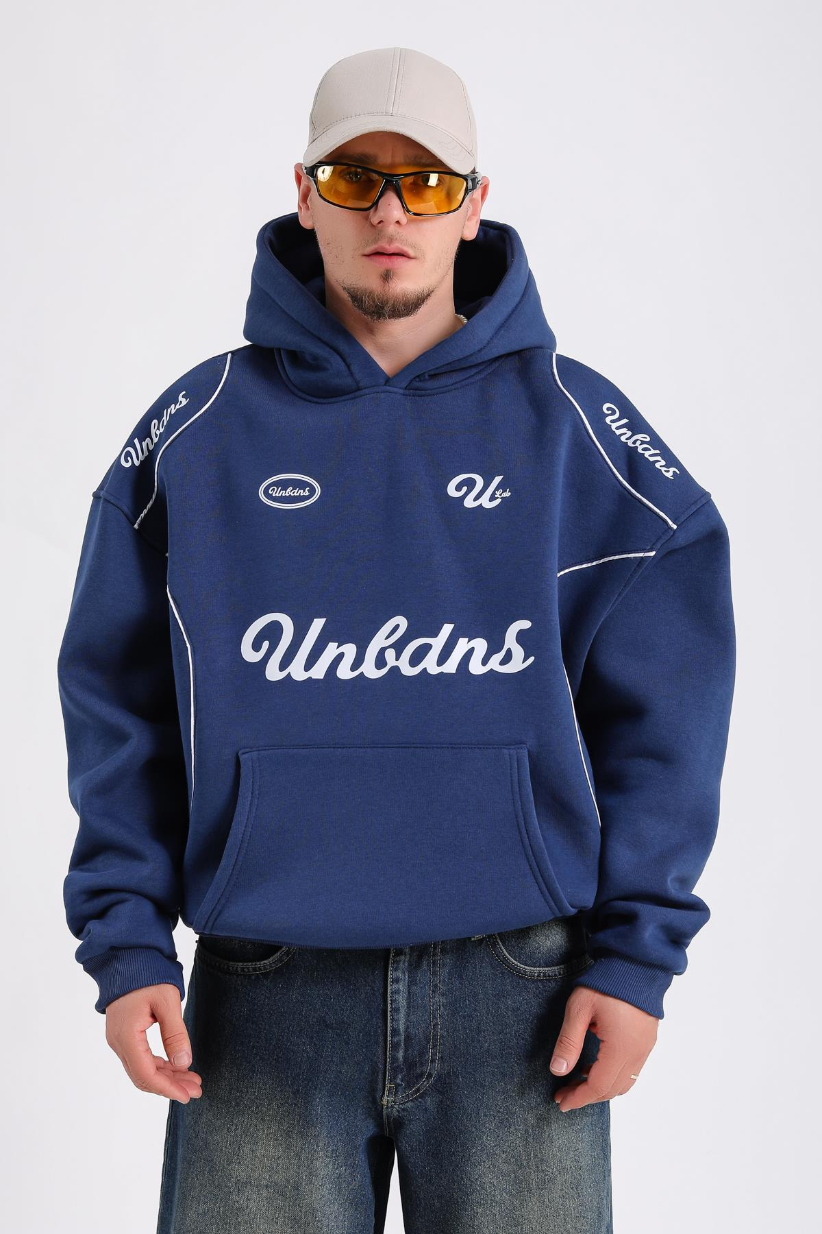 Baskılı Şerit Detay Lacivert Oversize Hoodie SW1185