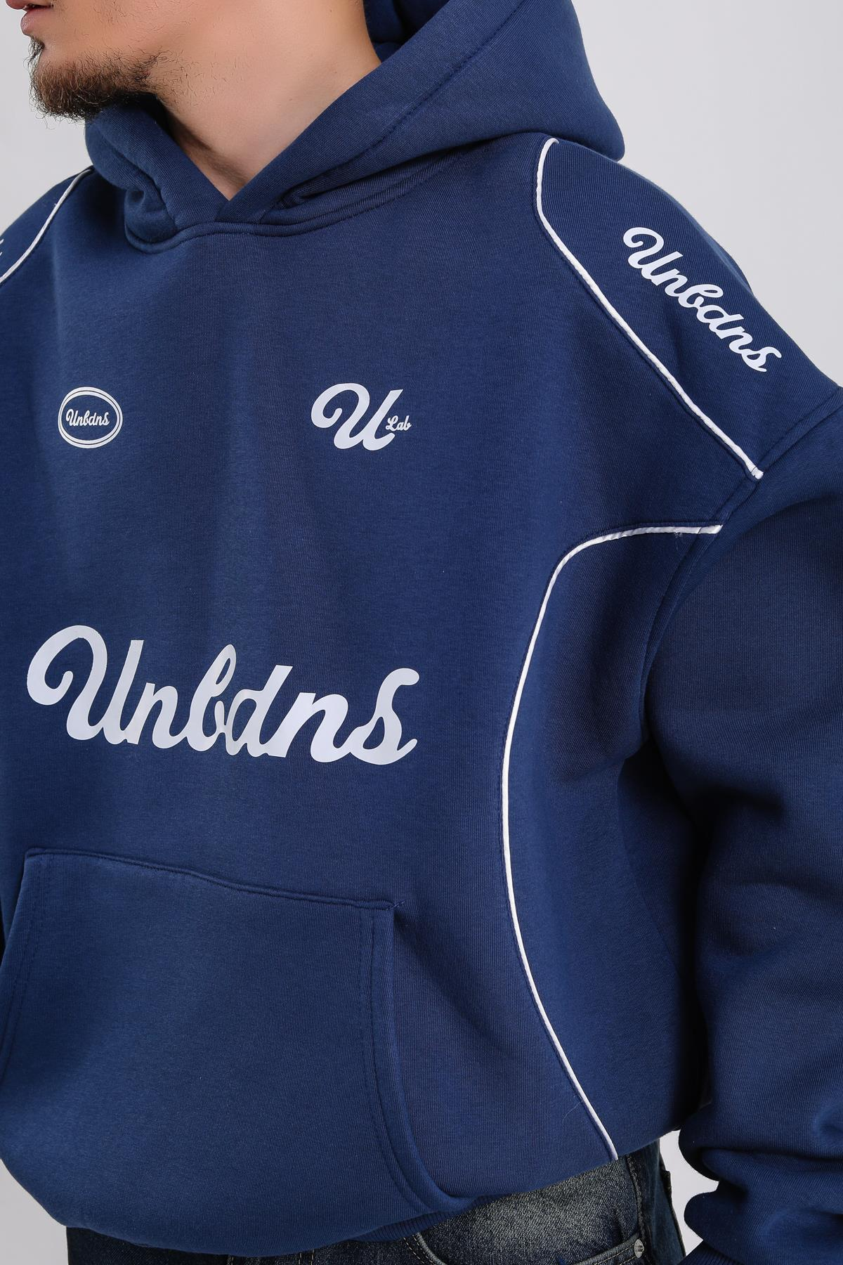 Baskılı Şerit Detay Lacivert Oversize Hoodie SW1185