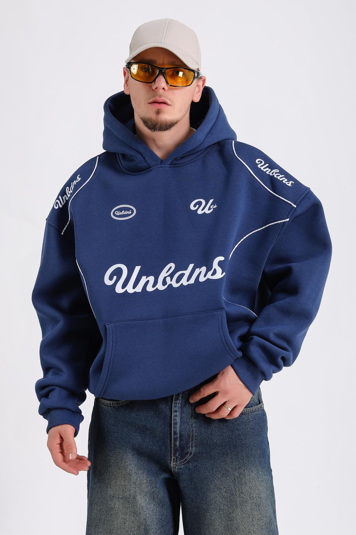 Baskılı Şerit Detay Lacivert Oversize Hoodie SW1185