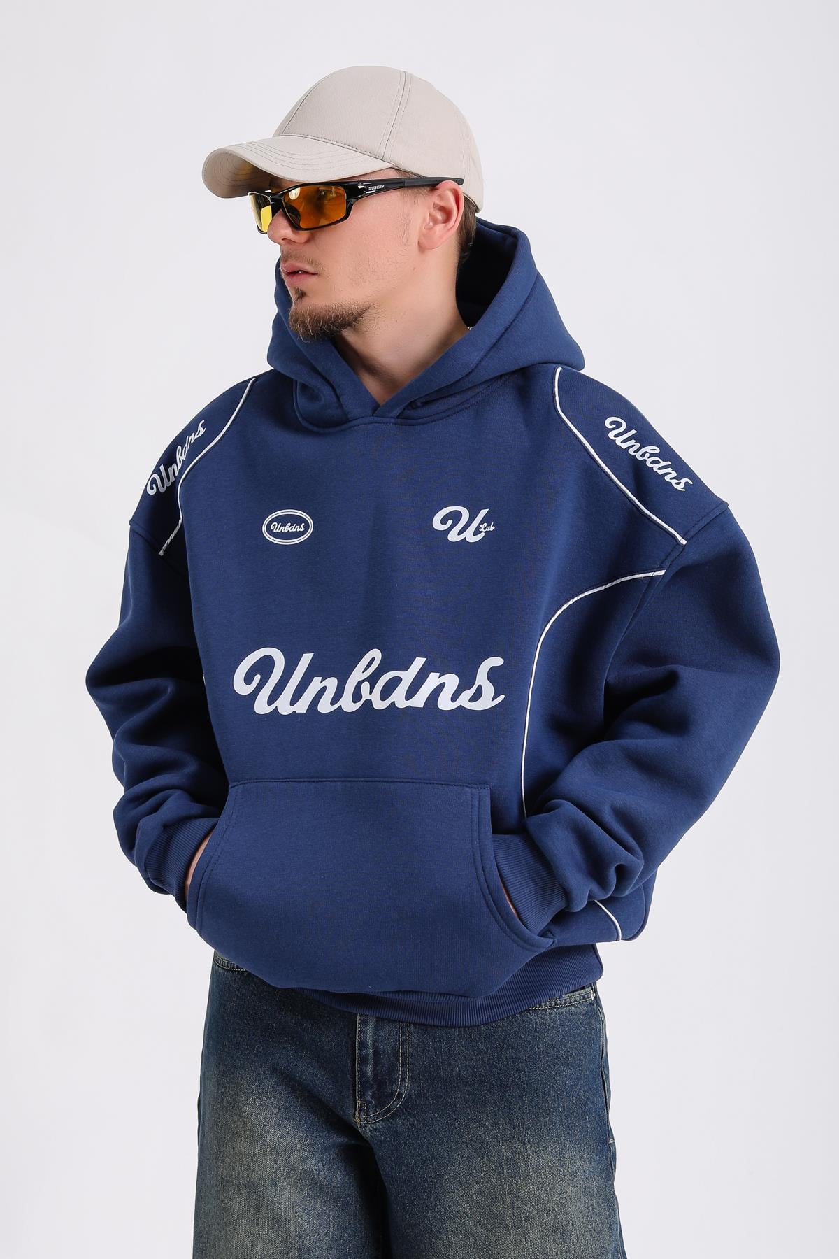 Baskılı Şerit Detay Lacivert Oversize Hoodie SW1185