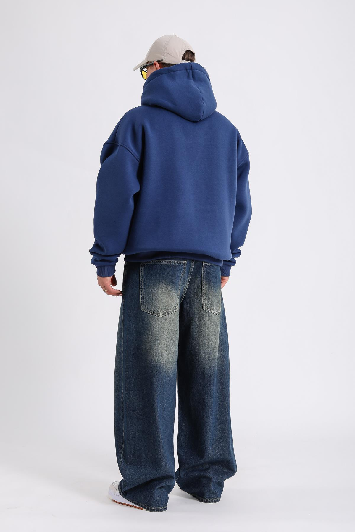 Baskılı Şerit Detay Lacivert Oversize Hoodie SW1185