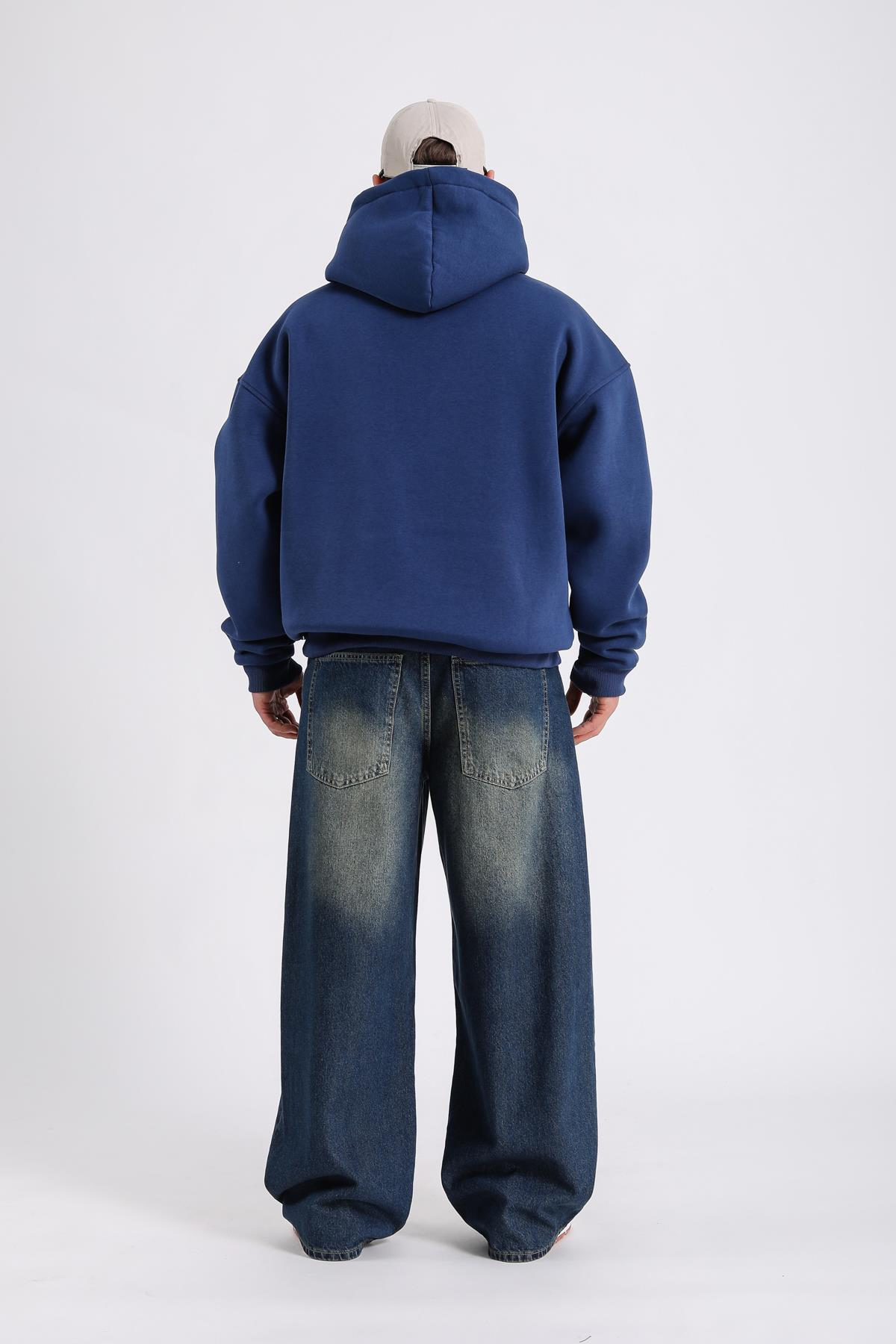 Baskılı Şerit Detay Lacivert Oversize Hoodie SW1185