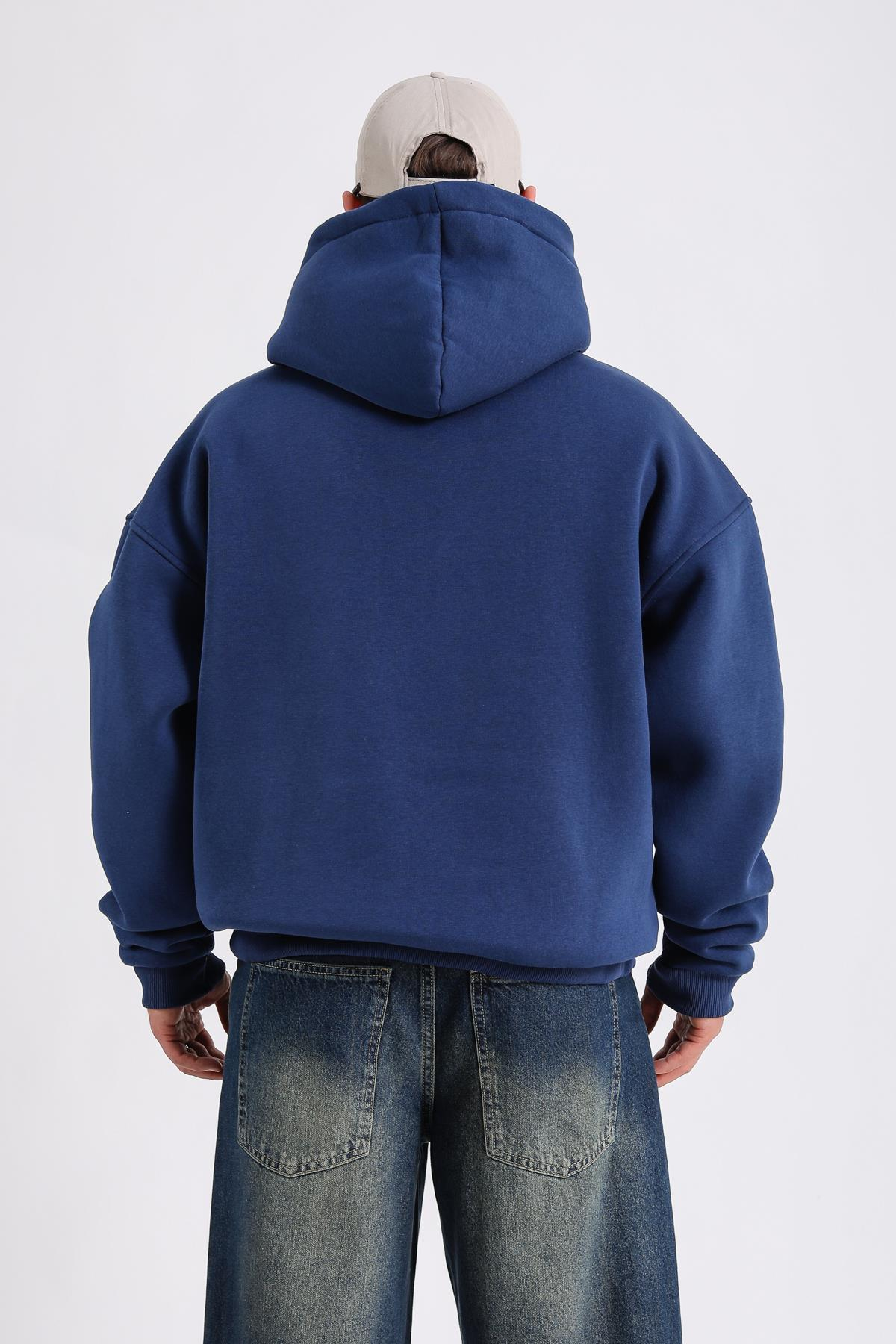 Baskılı Şerit Detay Lacivert Oversize Hoodie SW1185